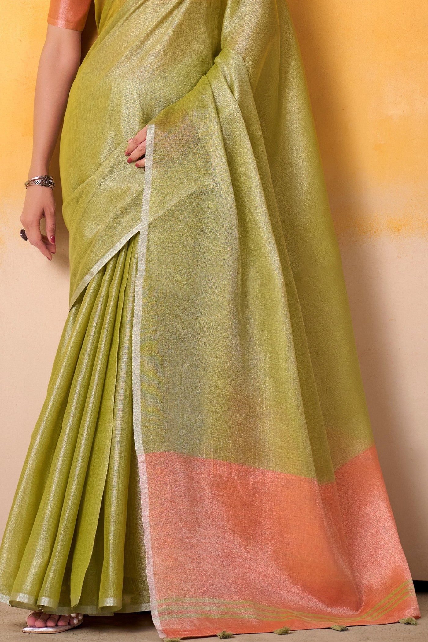 Buy MySilkLove Tea Green and Orange Woven Tissue Silk Saree Online