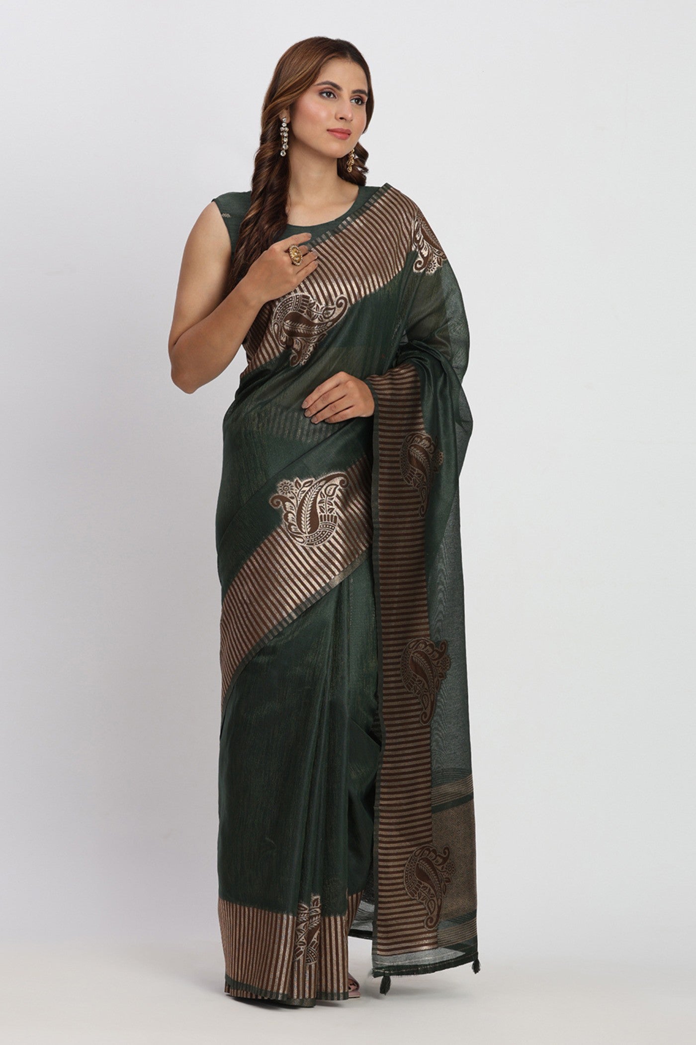 Buy MySilkLove Abbey Green Woven Linen Cotton Saree Online