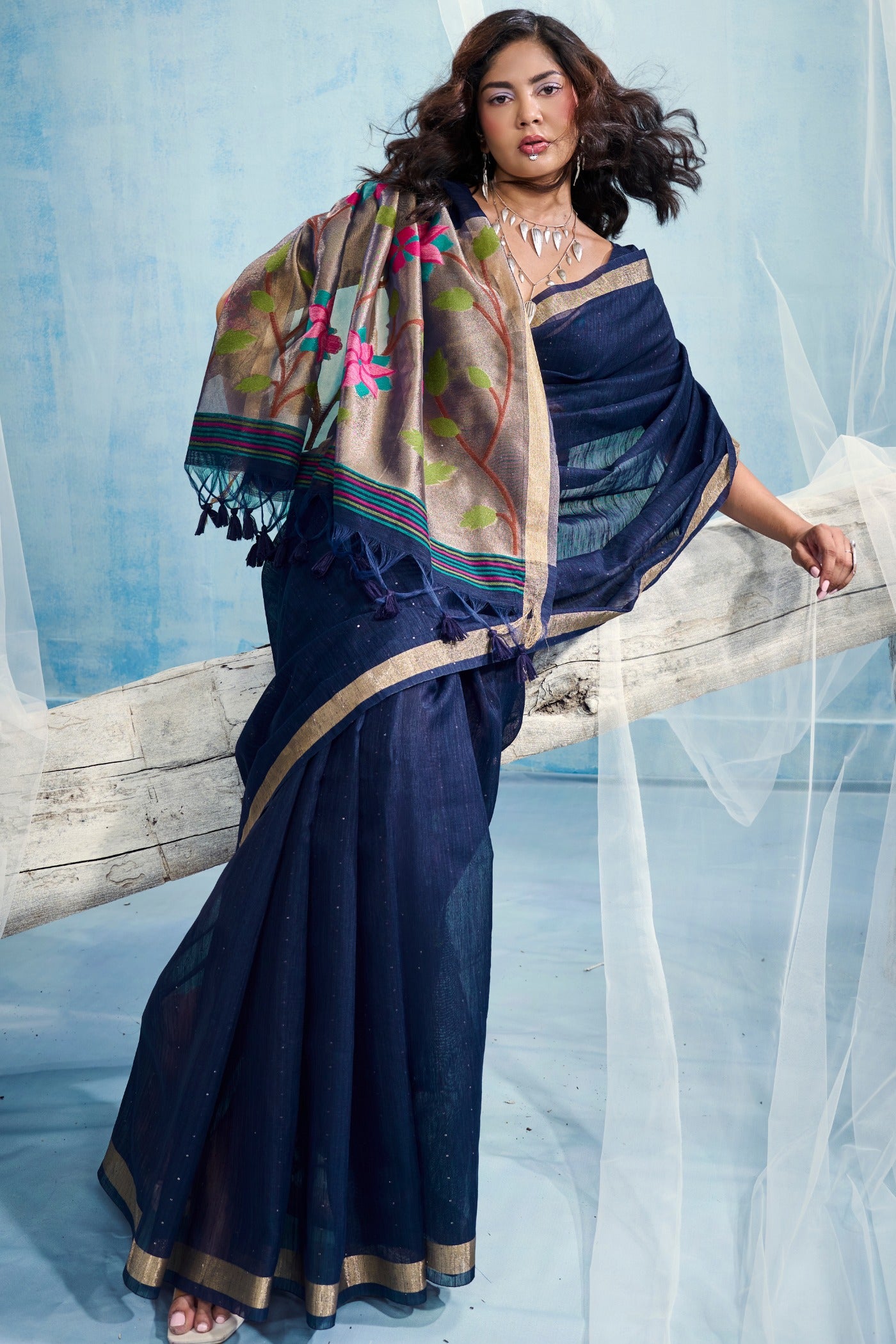 Buy MySilkLove Monastral Blue Munga Handloom Tissue Pallu Saree Online