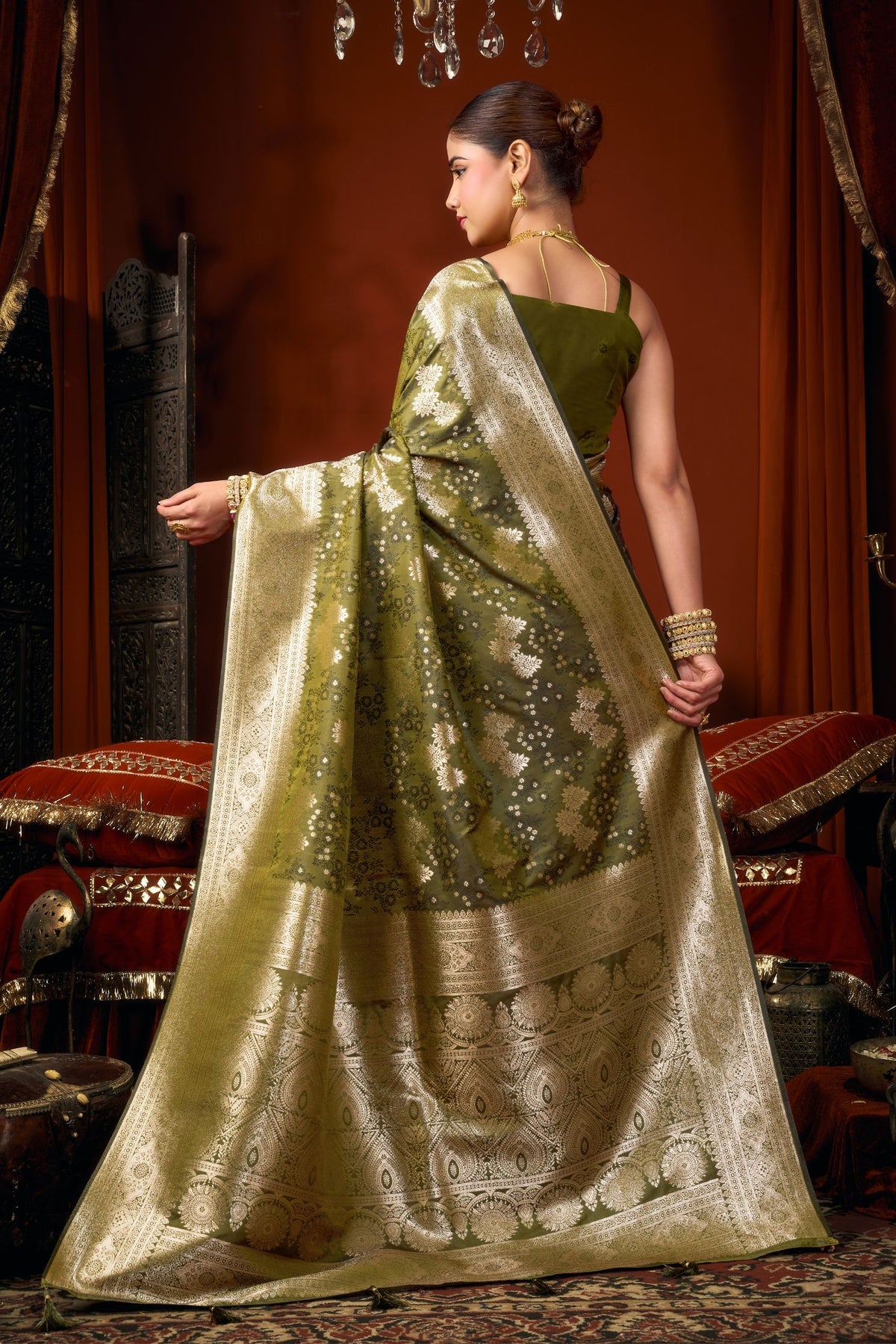 Buy MySilkLove Avocado Green Woven Banarasi Jacquard Soft Silk Saree Online