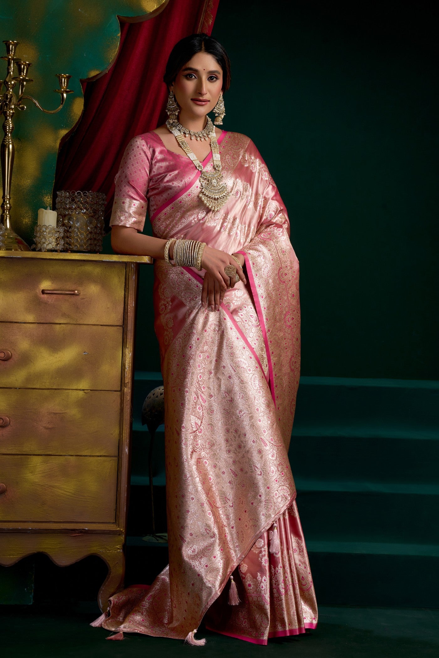 Buy MySilkLove Bubblegum Pink Banarasi Handloom Satin Soft Silk Saree Online