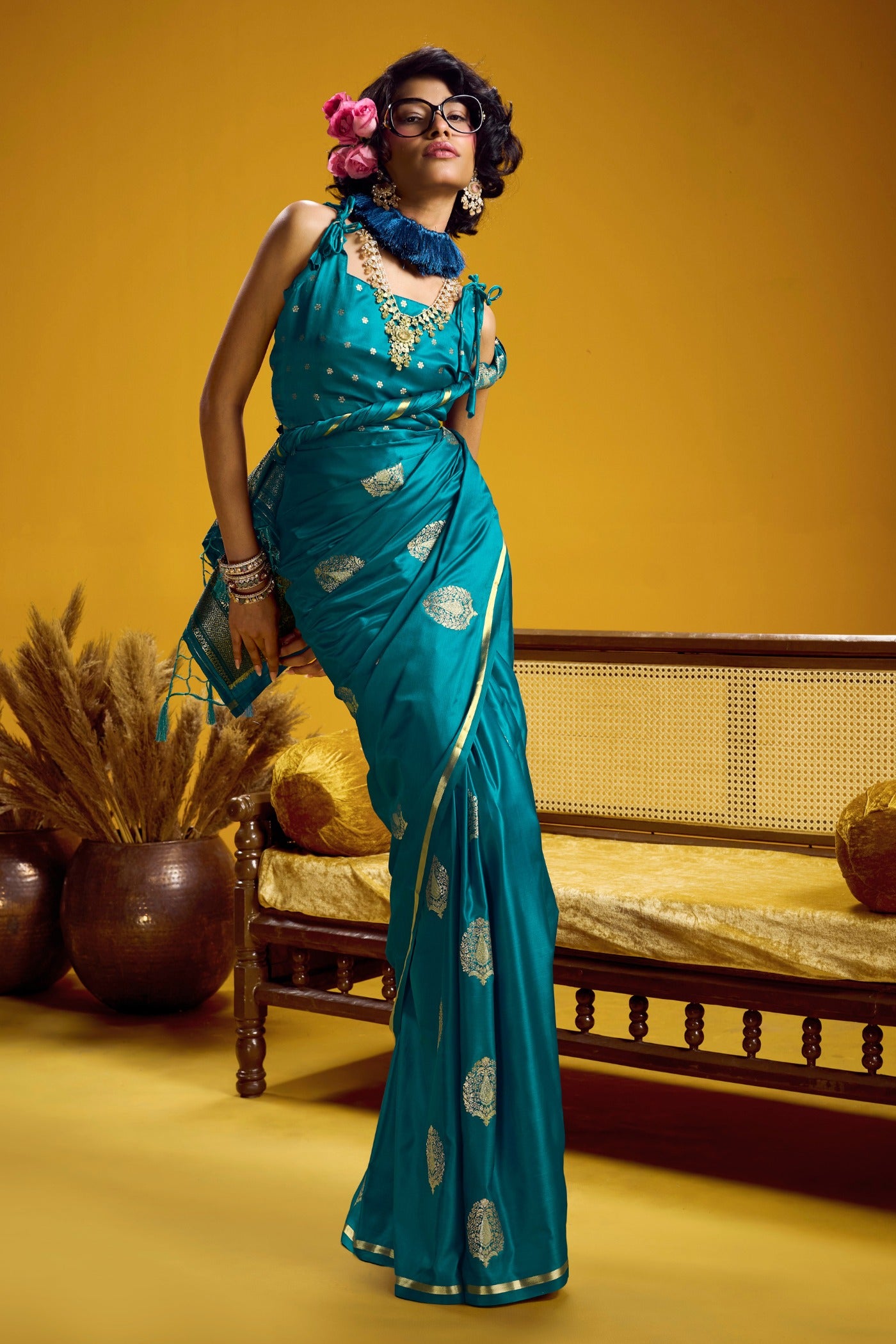 Buy MySilkLove Curious Blue Handloom Satin Silk Saree Online