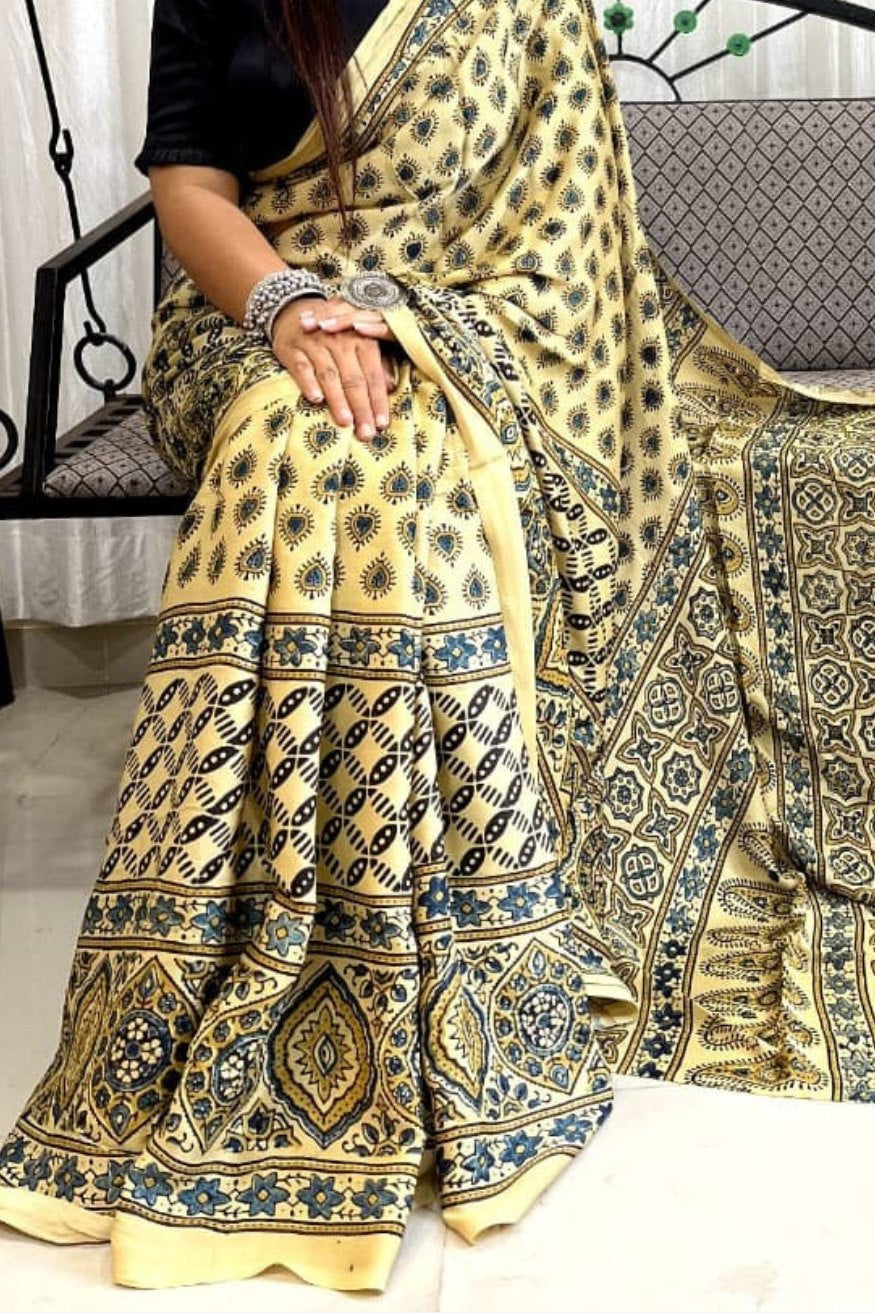 Buy MySilkLove Laser Yellow Ajrakh Modal Handblock Printed Silk Saree Online