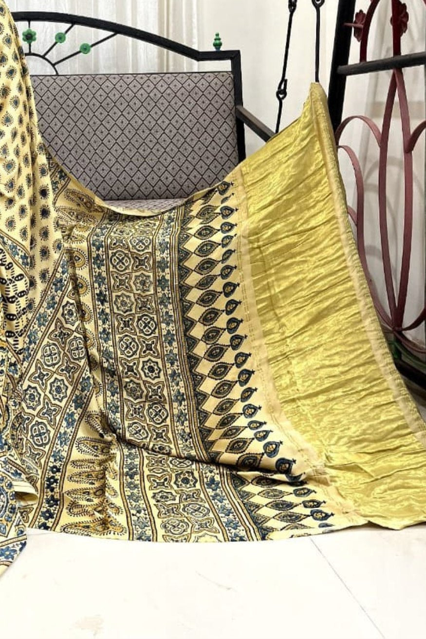 Buy MySilkLove Laser Yellow Ajrakh Modal Handblock Printed Silk Saree Online