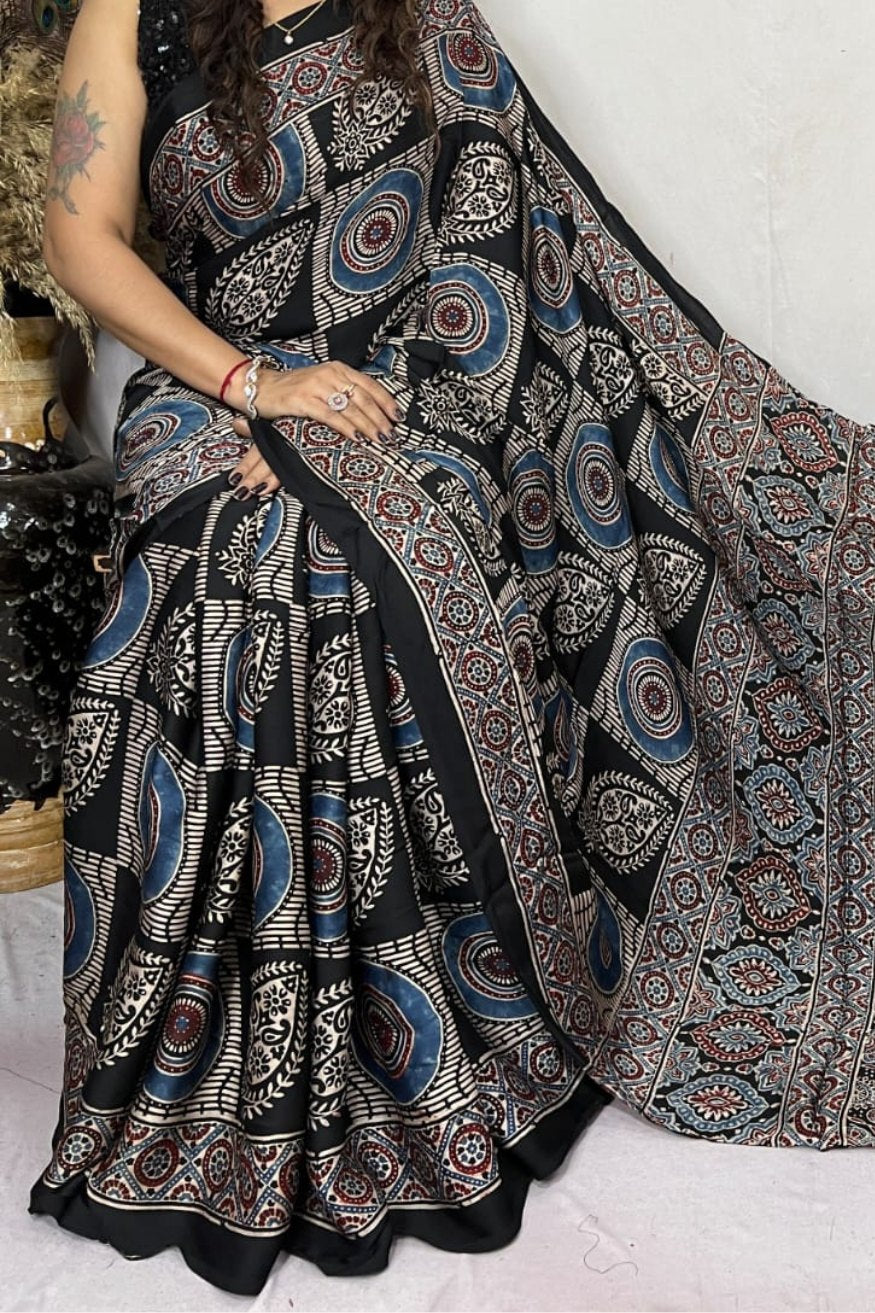 Buy MySilkLove Cloudy Grey and Black Ajrakh Modal Handblock Printed Silk Saree Online