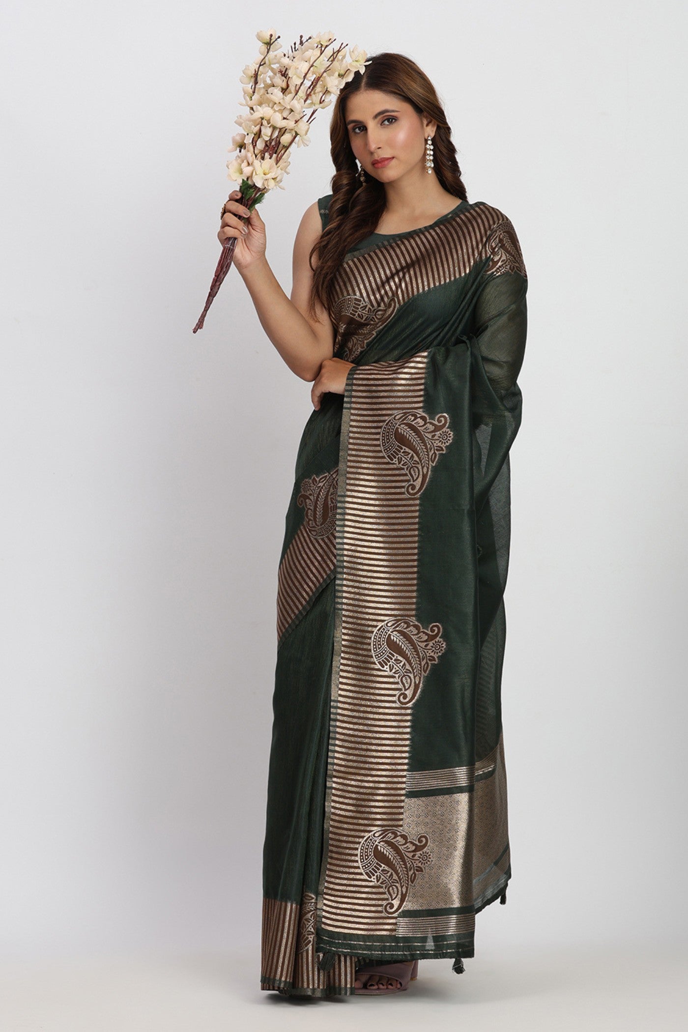 Buy MySilkLove Abbey Green Woven Linen Cotton Saree Online