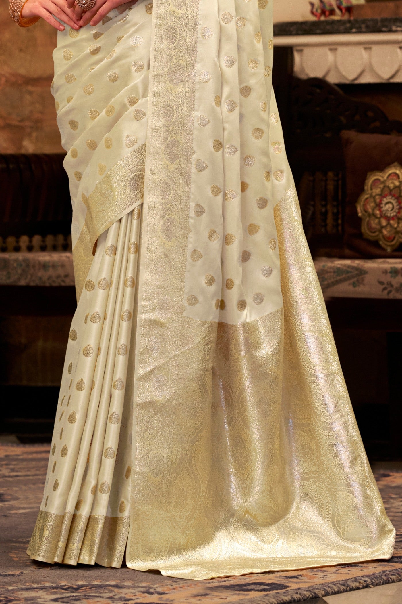 Buy MySilkLove Pearl Cream Woven Banarasi Satin Soft Silk Saree Online