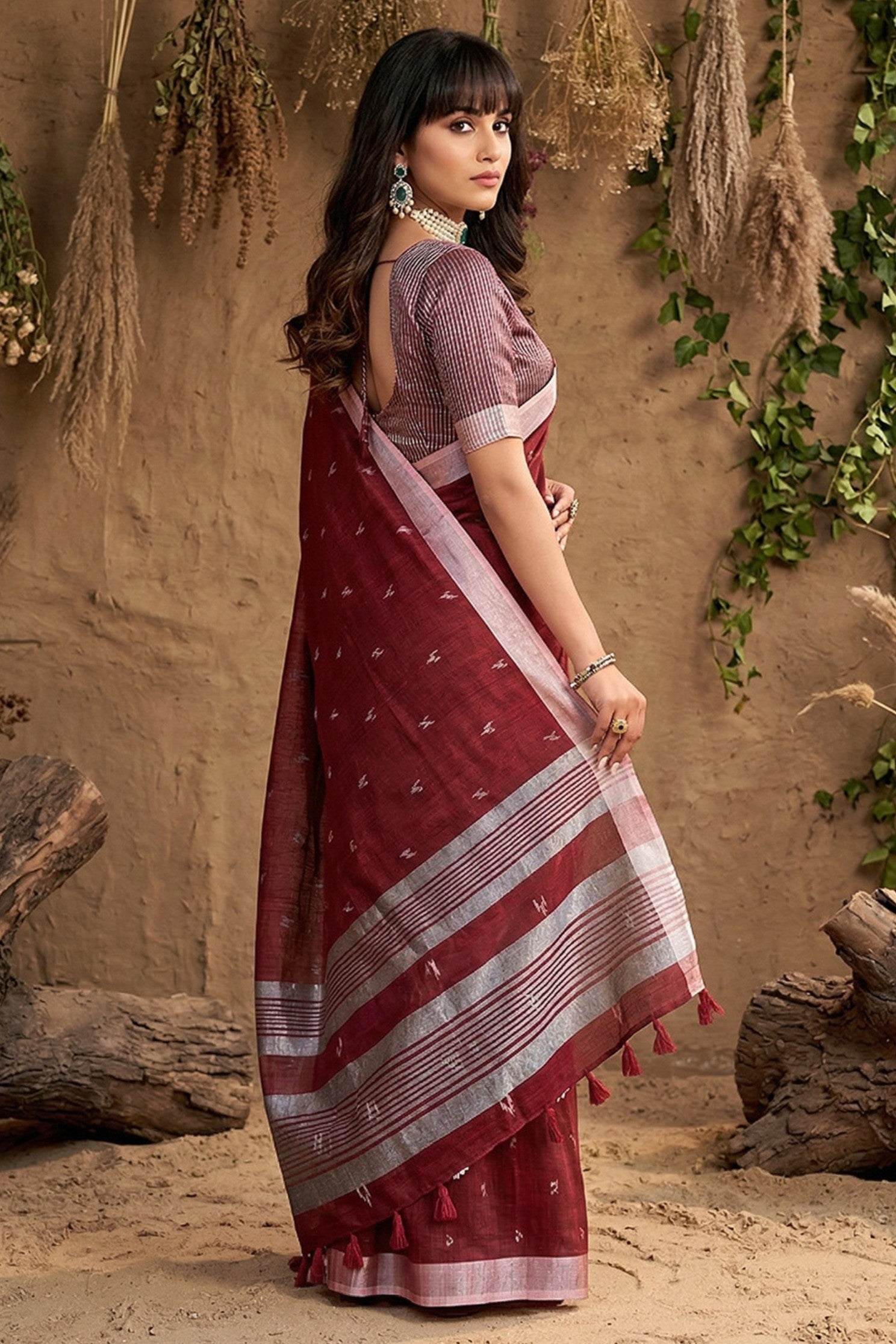 Buy MySilkLove Deep Maroon Woven Linen Cotton Saree Online