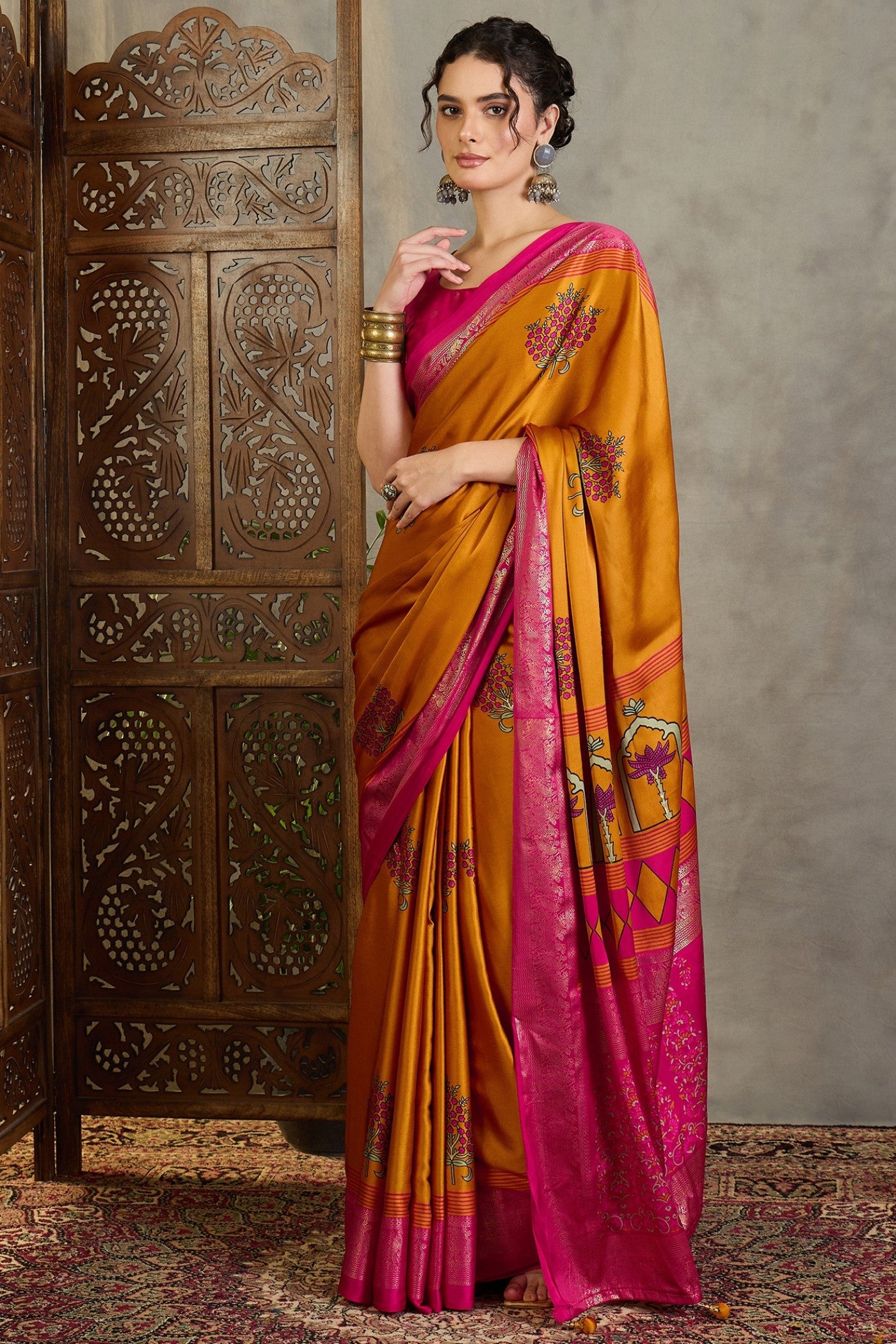 Buy MySilkLove Sunspill Yellow and Pink Printed Satin Crepe Silk Saree Online