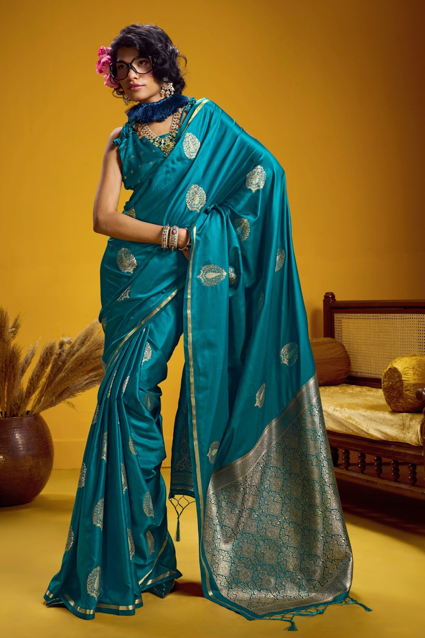 Buy MySilkLove Curious Blue Handloom Satin Silk Saree Online