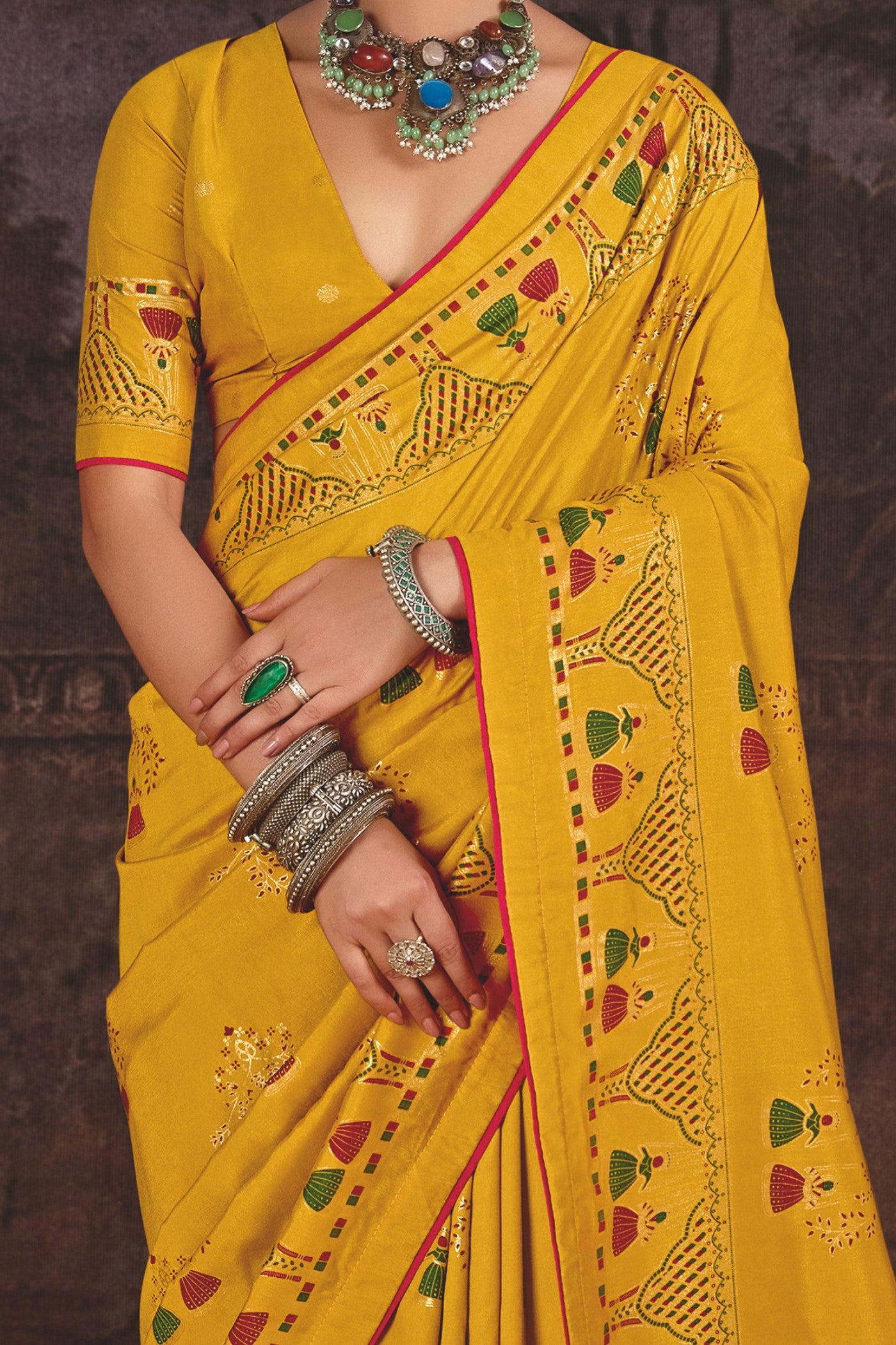 Buy MySilkLove Zest Yellow Tussar Rajwadi Printed Silk Saree Online