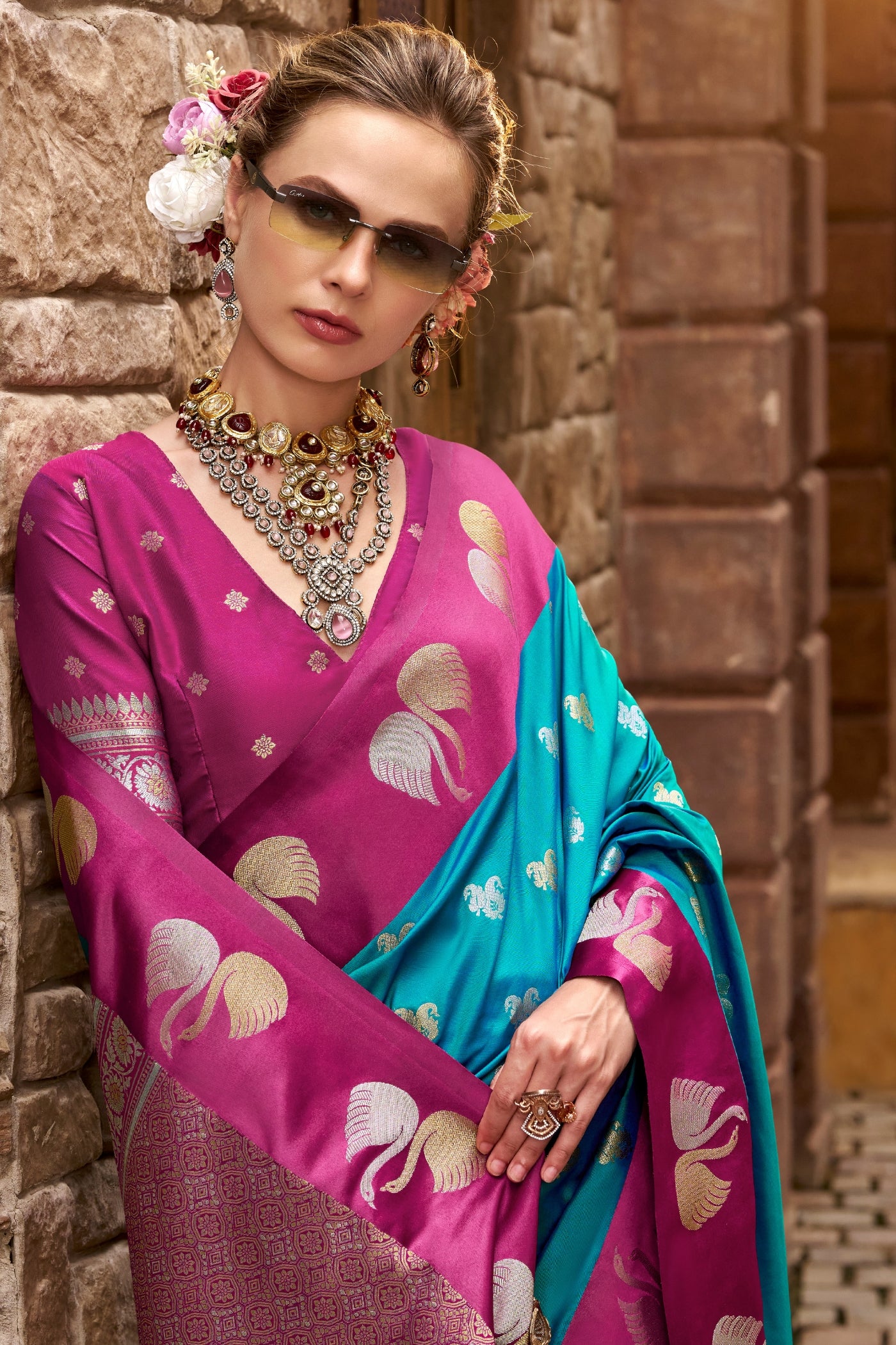 Buy MySilkLove Windows Blue Woven Satin Soft Silk Saree Online