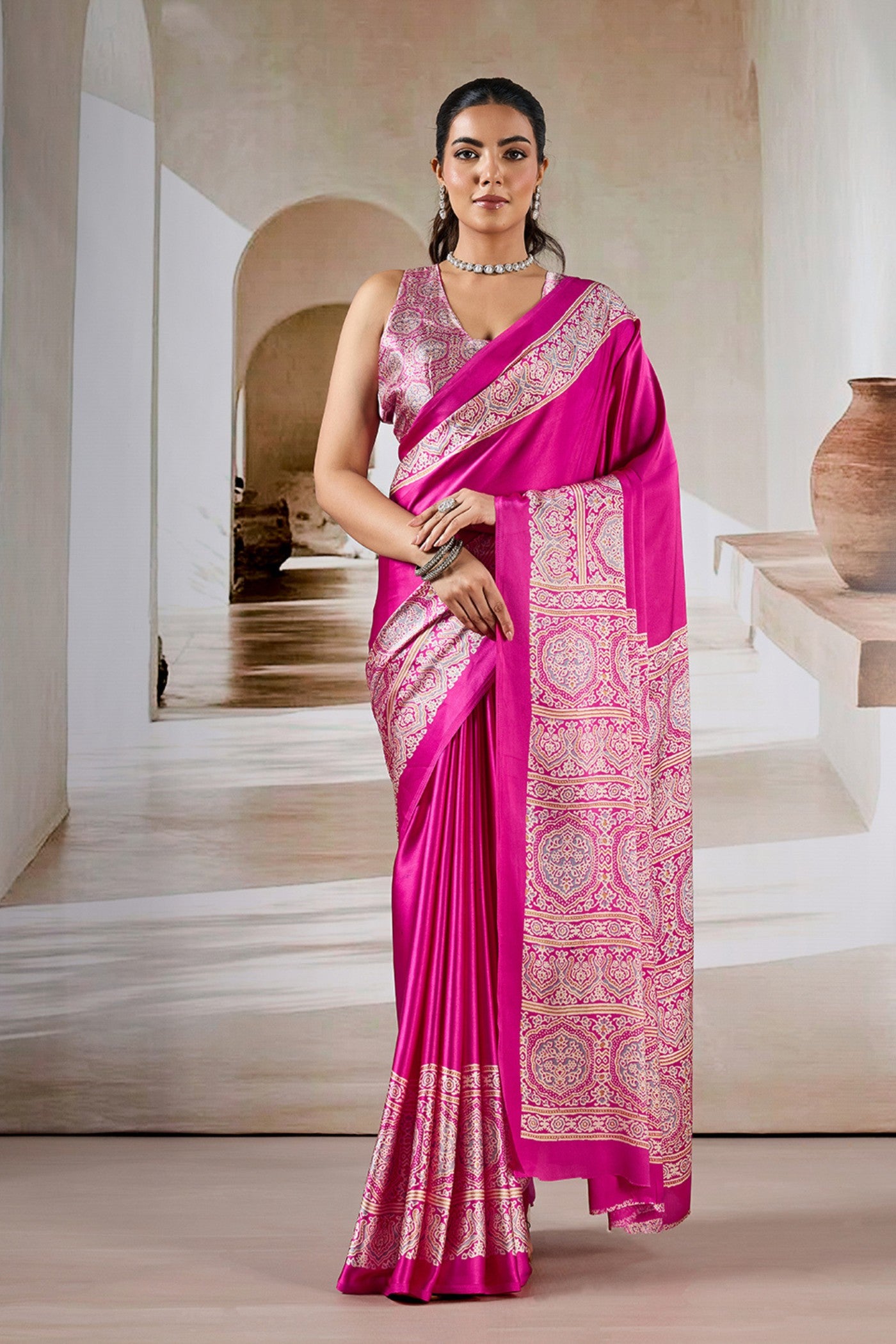 Buy MySilkLove Flower Bloom Pink Ajrakh Printed Satin Crepe Silk Saree Online