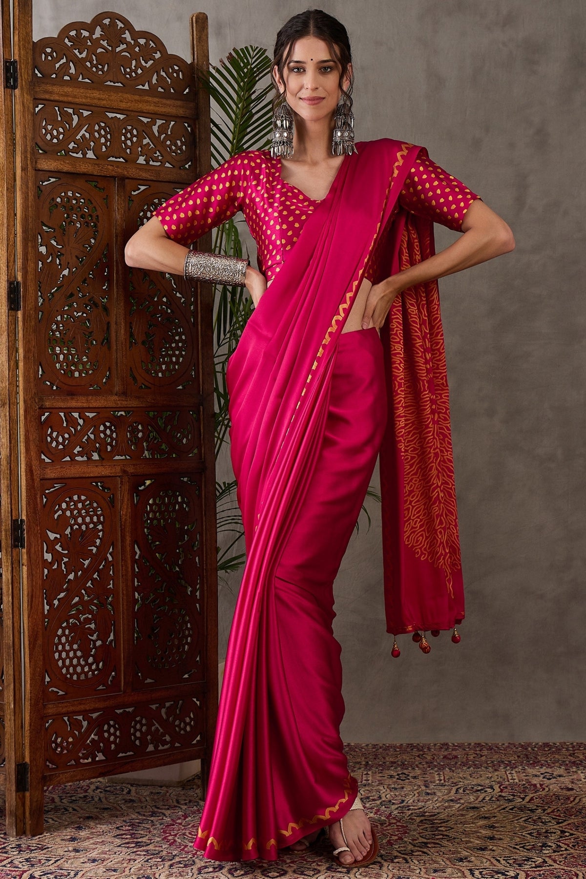 Buy Magenta Pink Printed Satin Gaji Silk Saree Online 