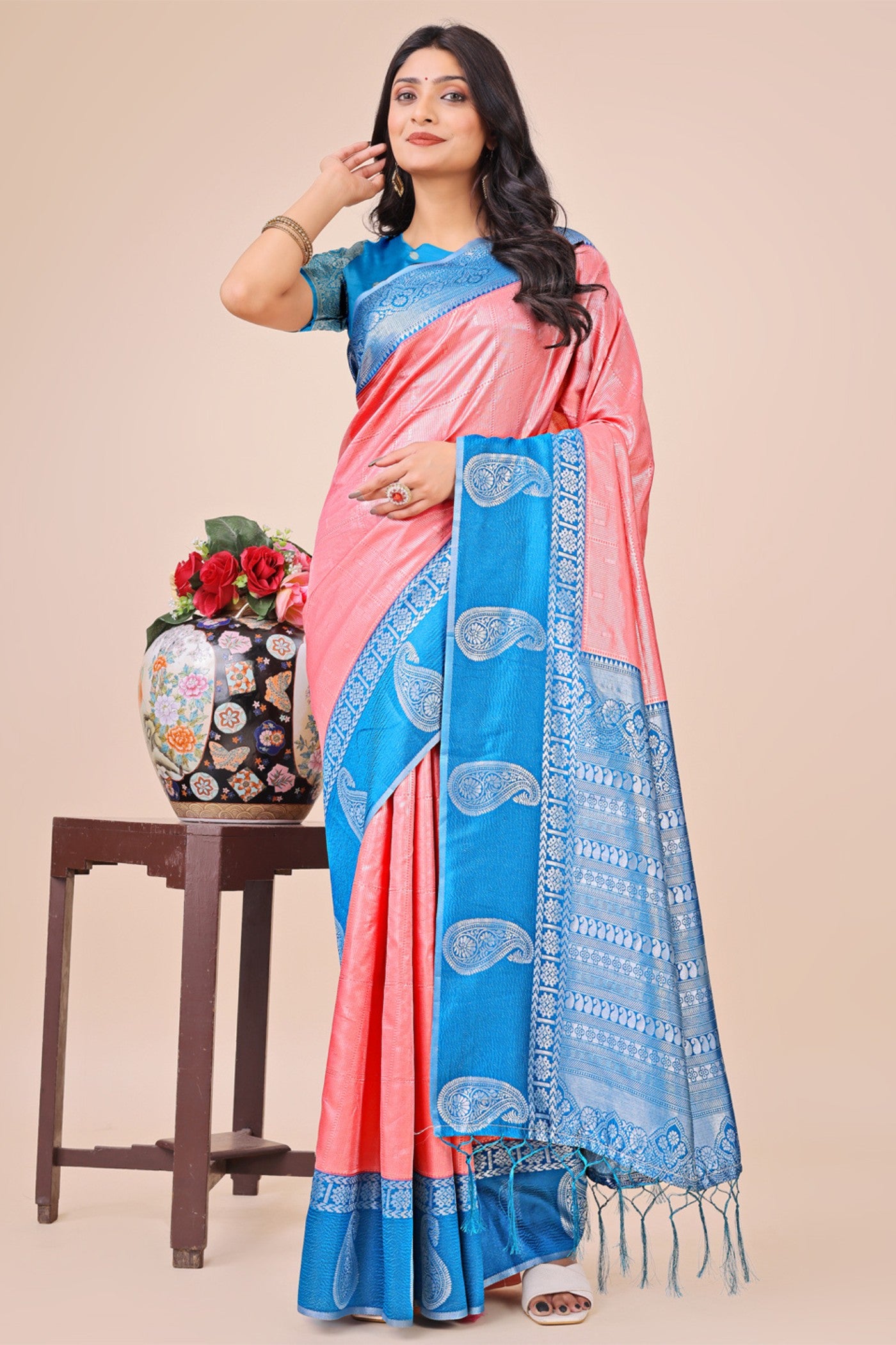 Buy MySilkLove Peach Bud Woven Banarasi Saree Online