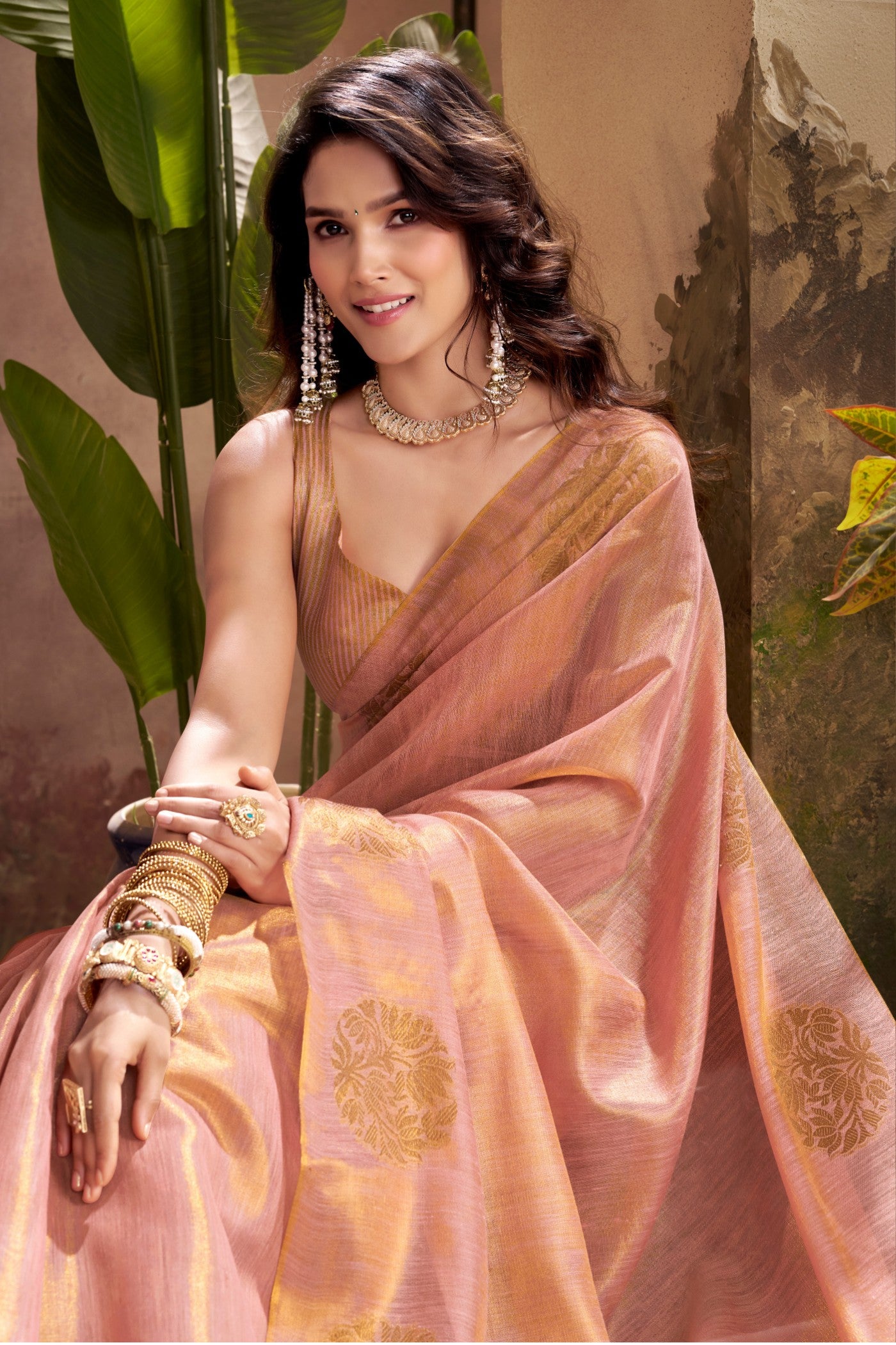 Buy MySilkLove Pastel Peach Woven Tissue Saree Online