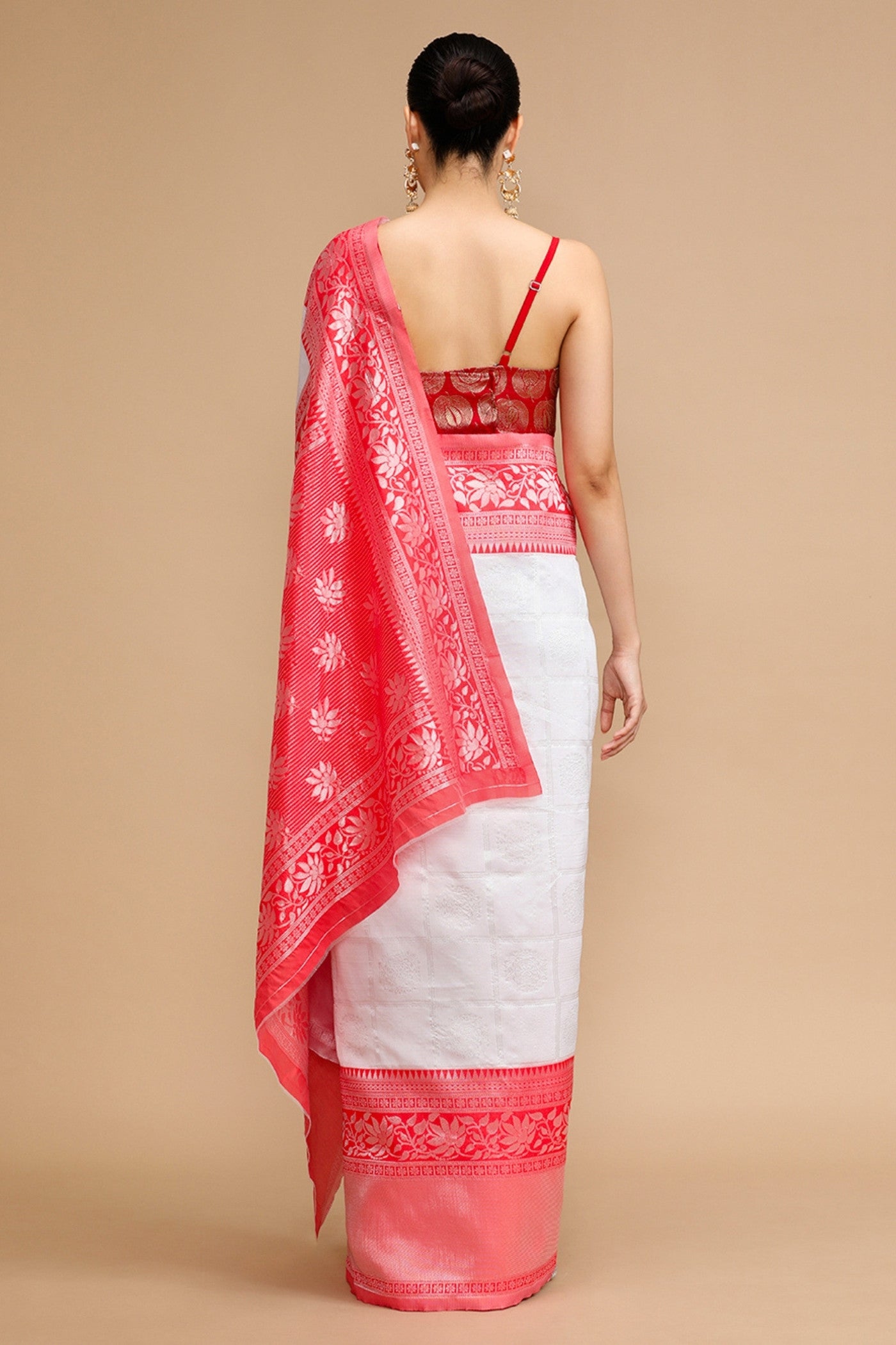 Buy MySilkLove Snow White and Pink Woven Jacquard Lichi Silk Saree Online