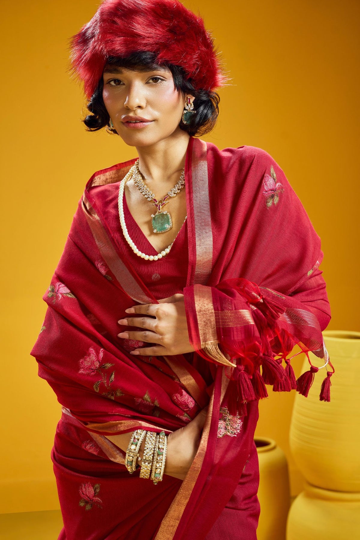 MySilkLove Cherry Red Handloom Muga Cotton Saree