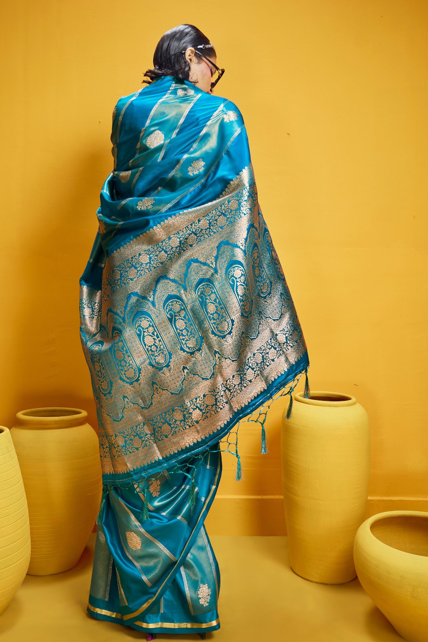 Buy MySilkLove Liberty Blue Banarasi Handloom Satin Silk Saree Online