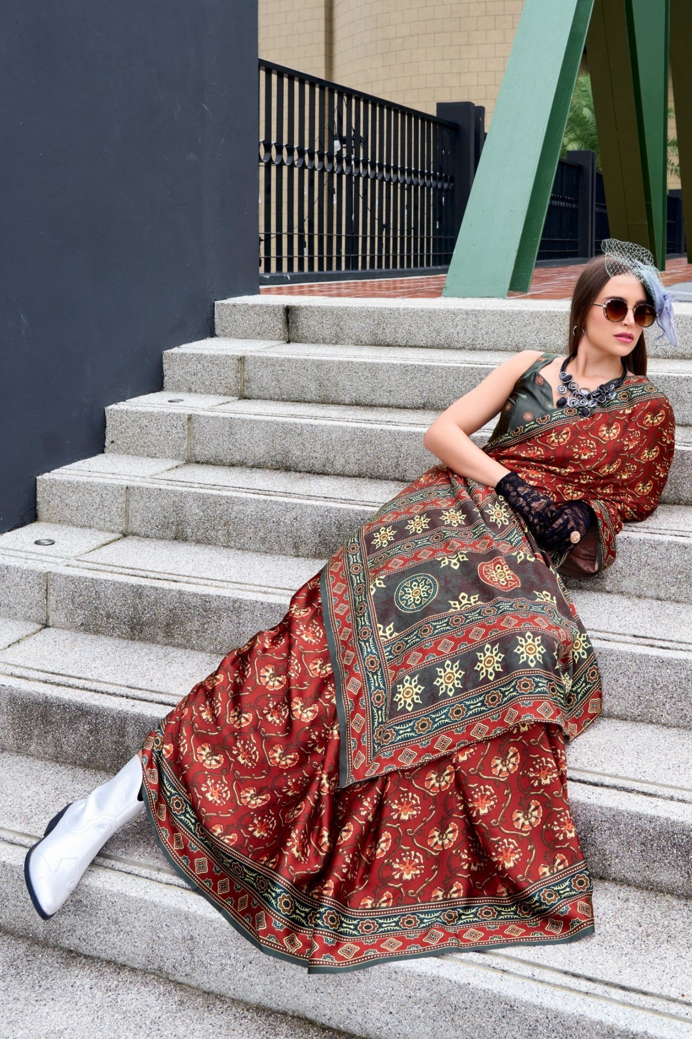 Buy MySilkLove Caramel Brown Ajrakh Printed Satin Crepe Silk Saree Online