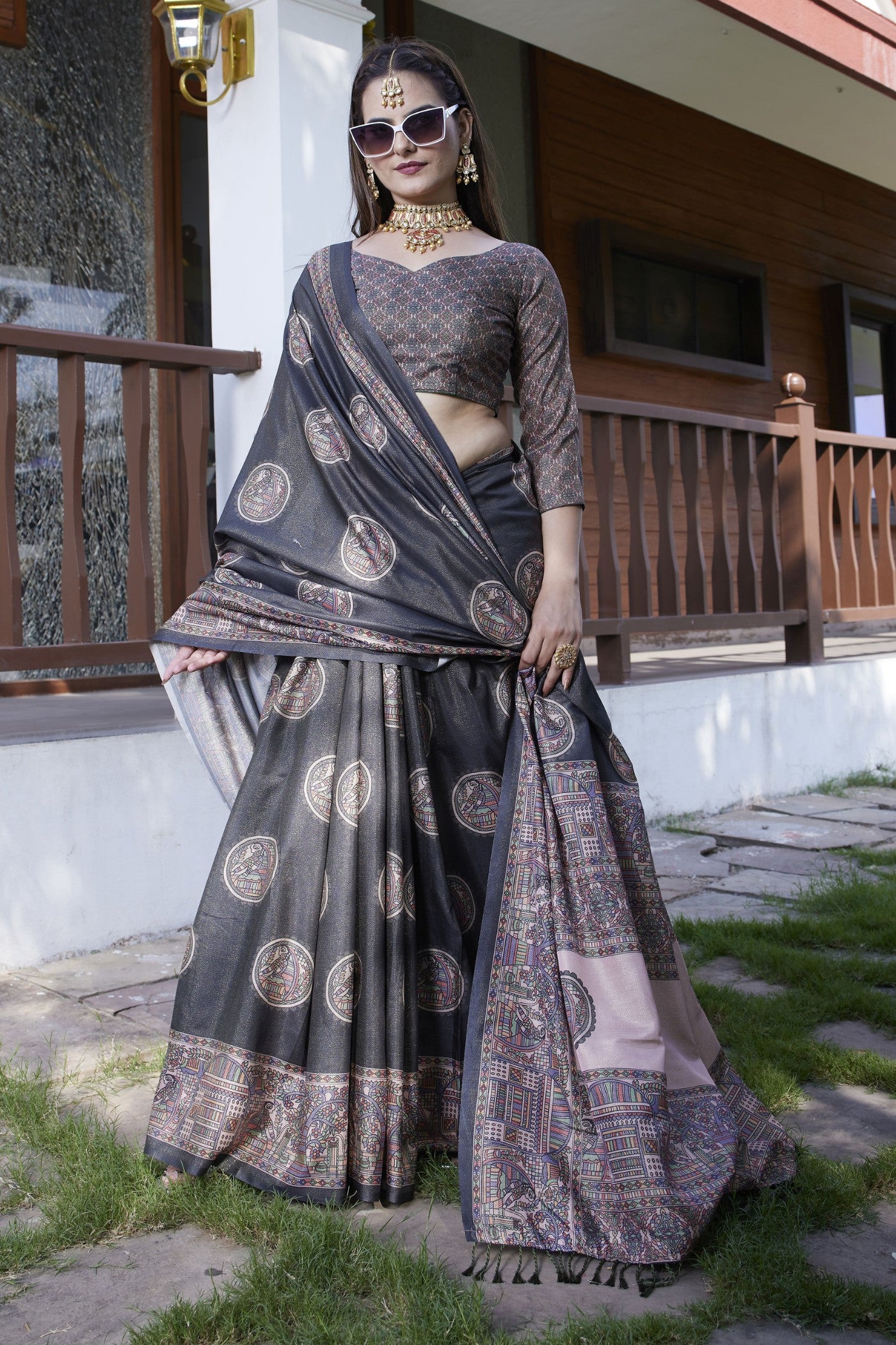 Buy MySilkLove Ink Black Banarasi Digital Printed Saree Online