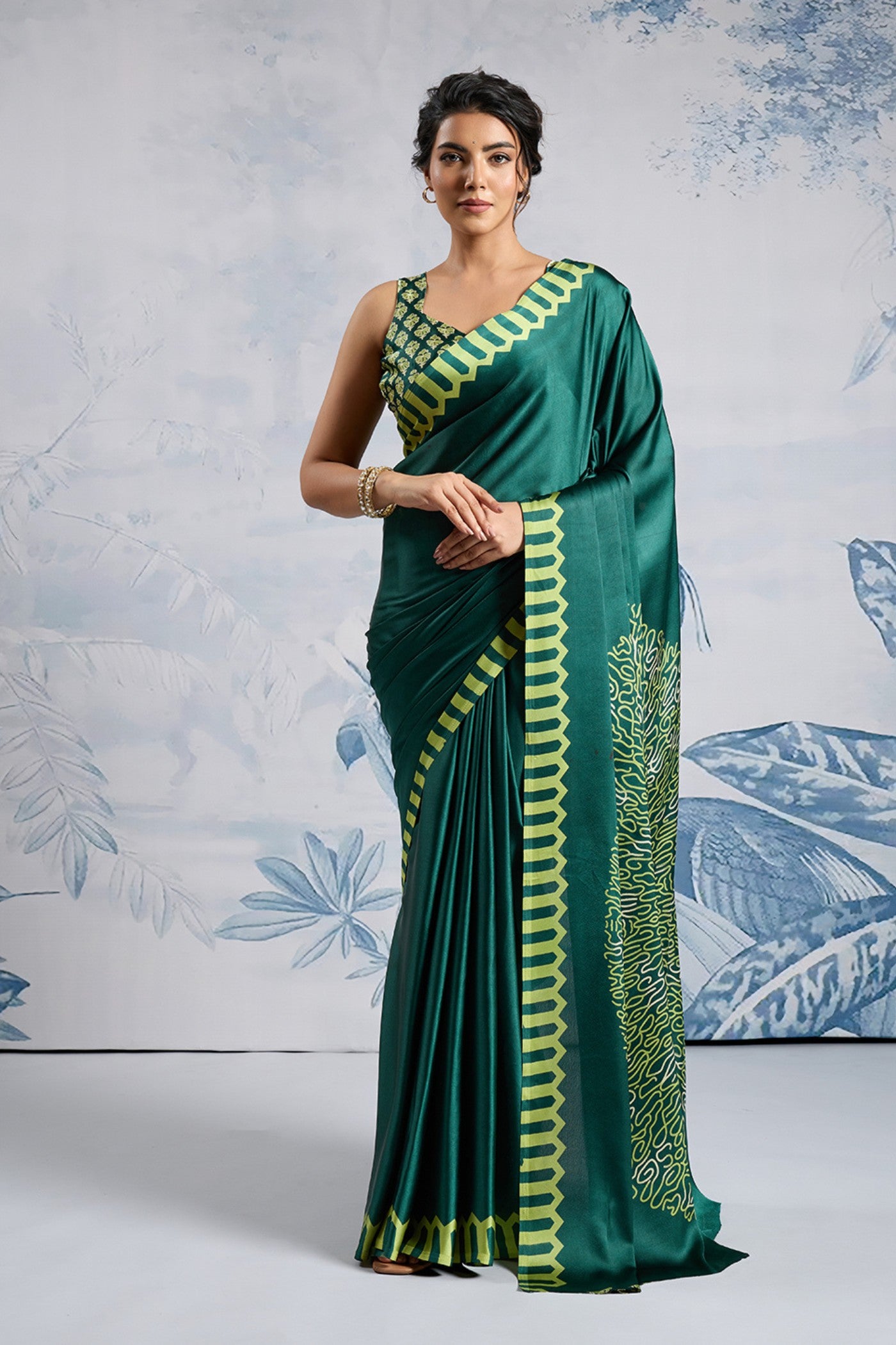 Buy MySilkLove Apple Pop Green Printed Satin Crepe Silk Saree Online