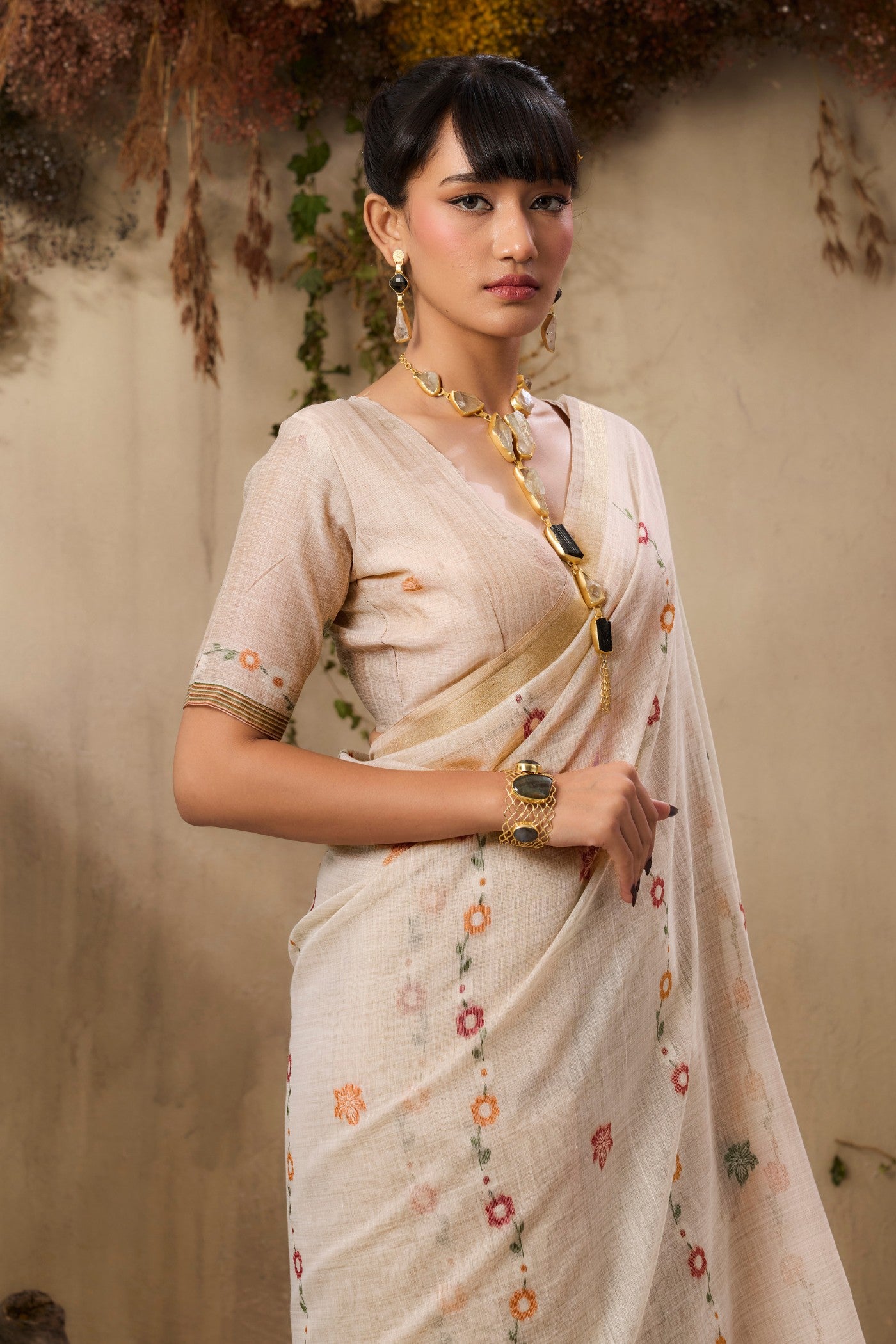 Buy MySilkLove Milklace Cream Handloom Muga Cotton Saree Online
