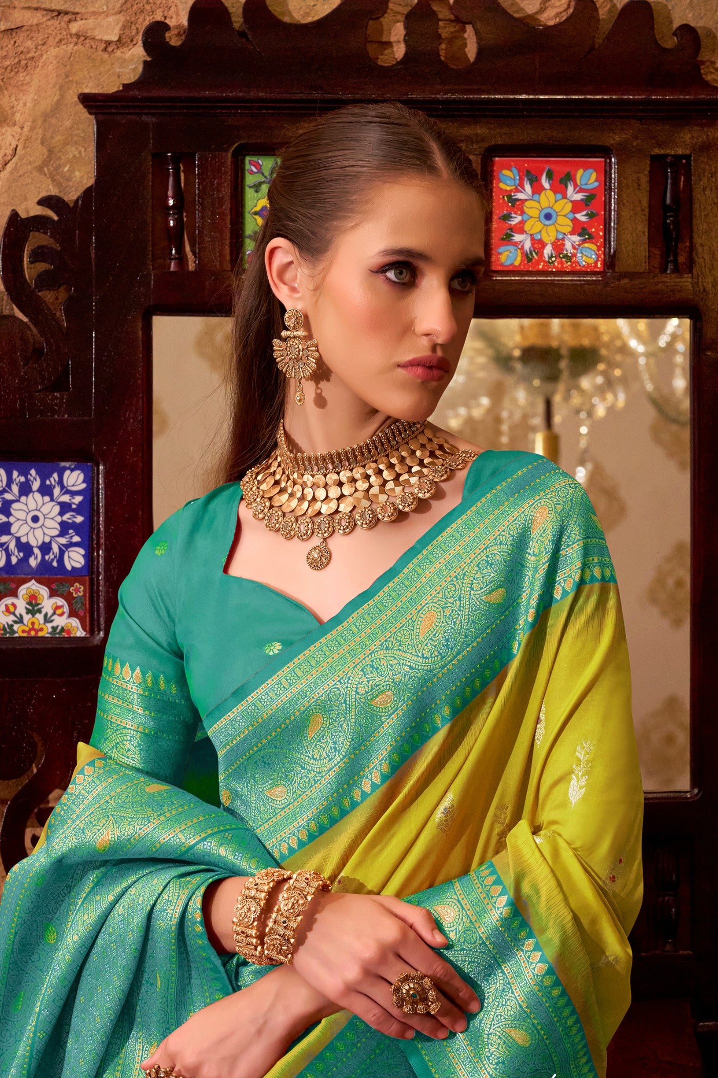 Buy MySilkLove Chartreuse Yellow Woven Banarsi Saree Online