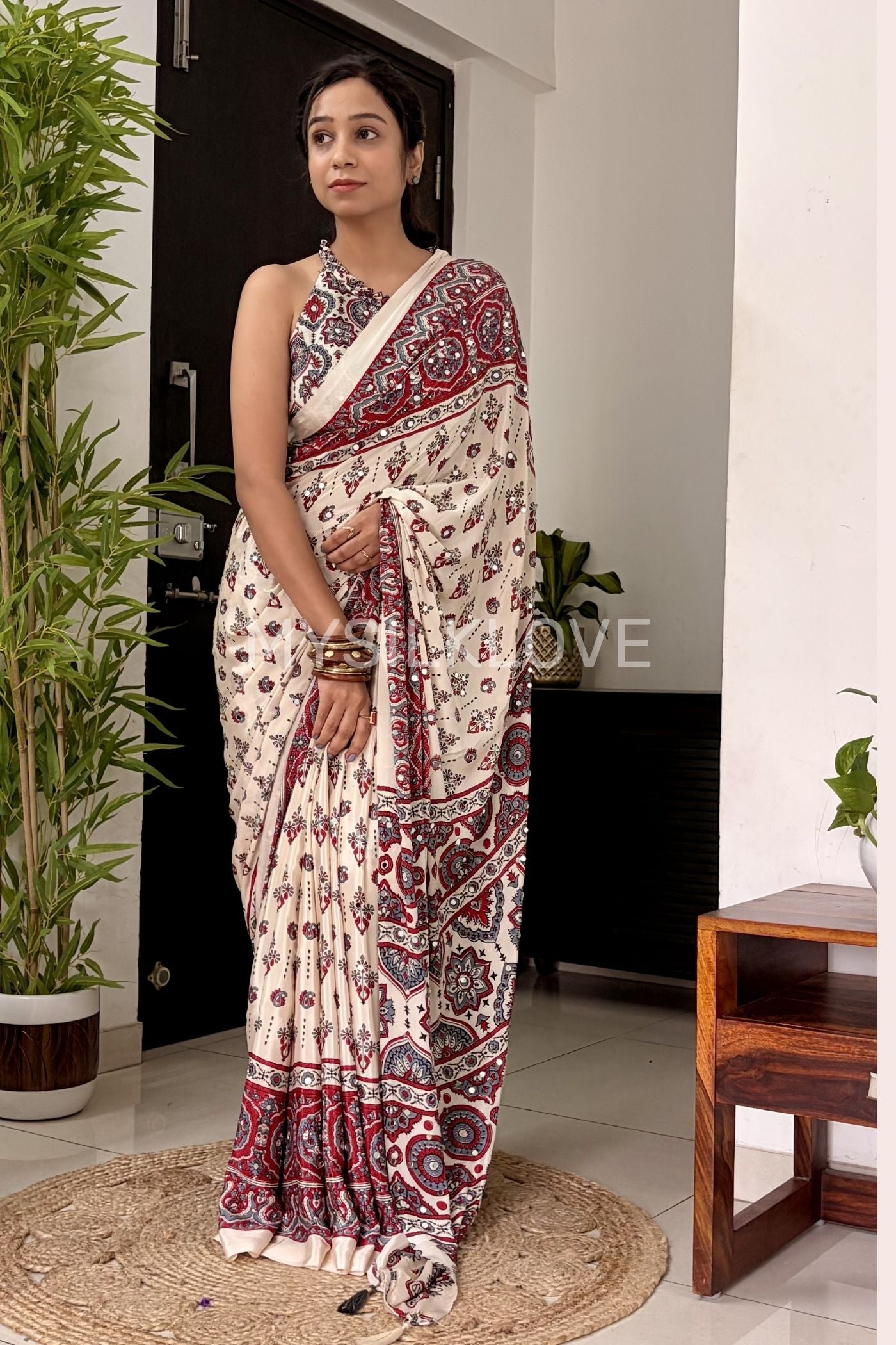 Buy MySilkLove Neutral Beige Modal Ajrakh Satin Printed Mirror Work Saree Online
