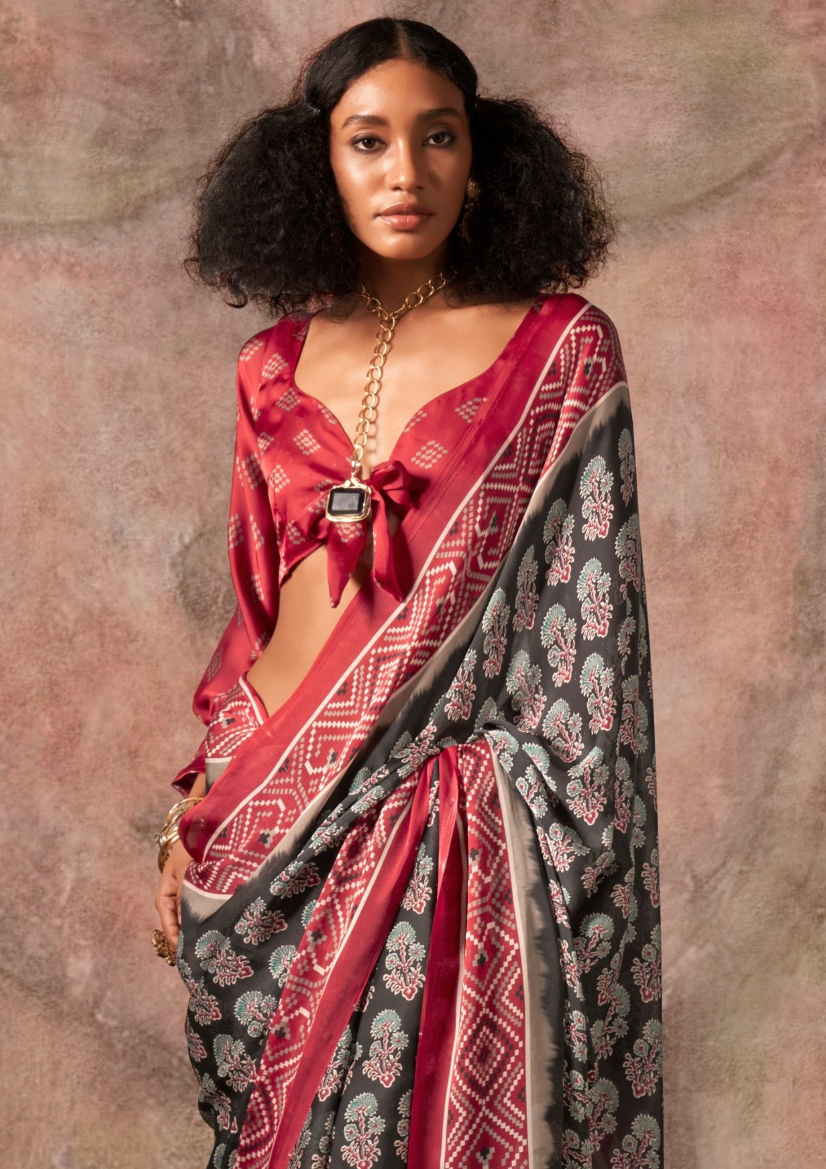 Buy MySilkLove Aged Black and Maroon Ajrakh Printed Satin Georgette Silk Saree Online