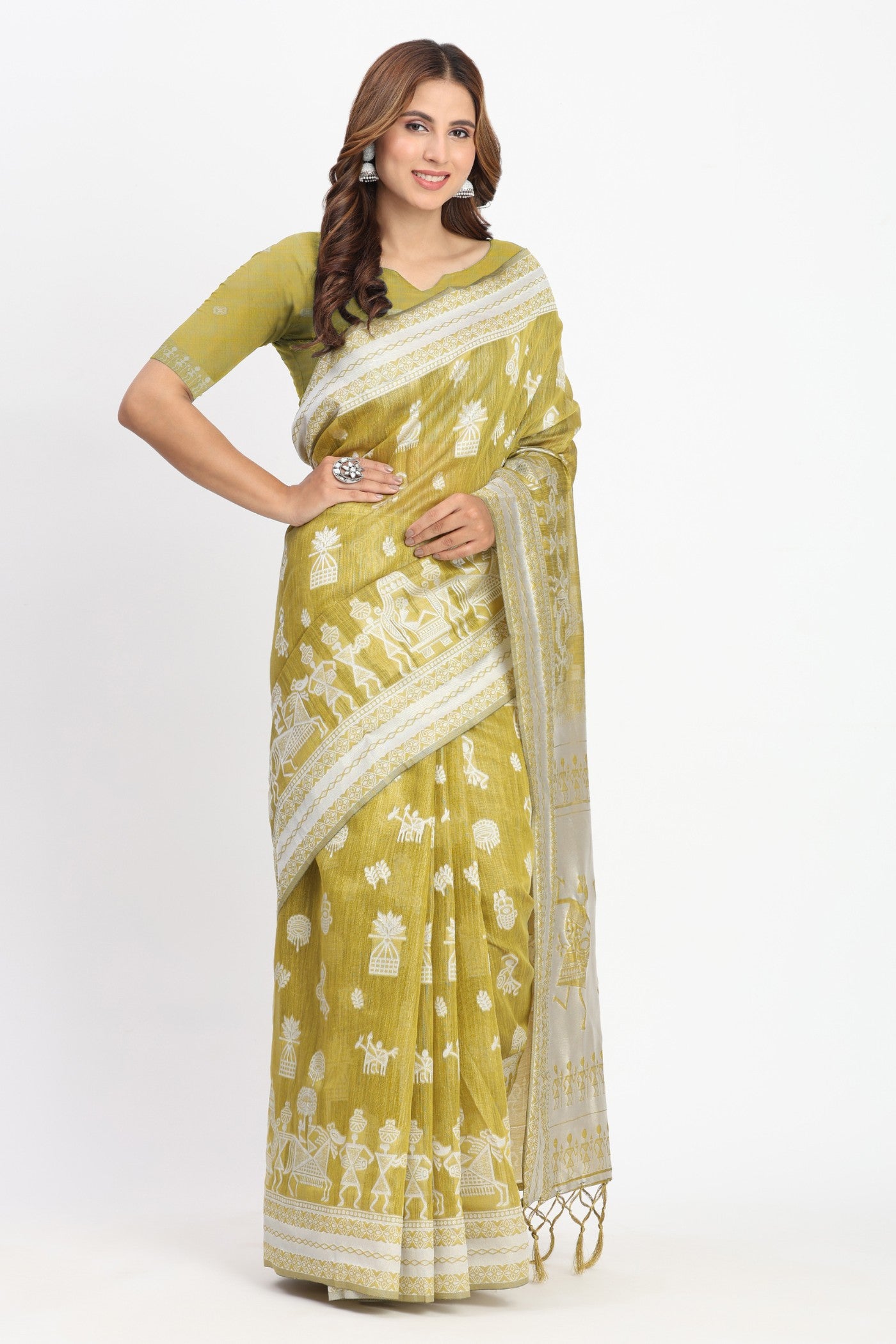 Buy MySilkLove Green Lizard Woven Linen Cotton Saree Online