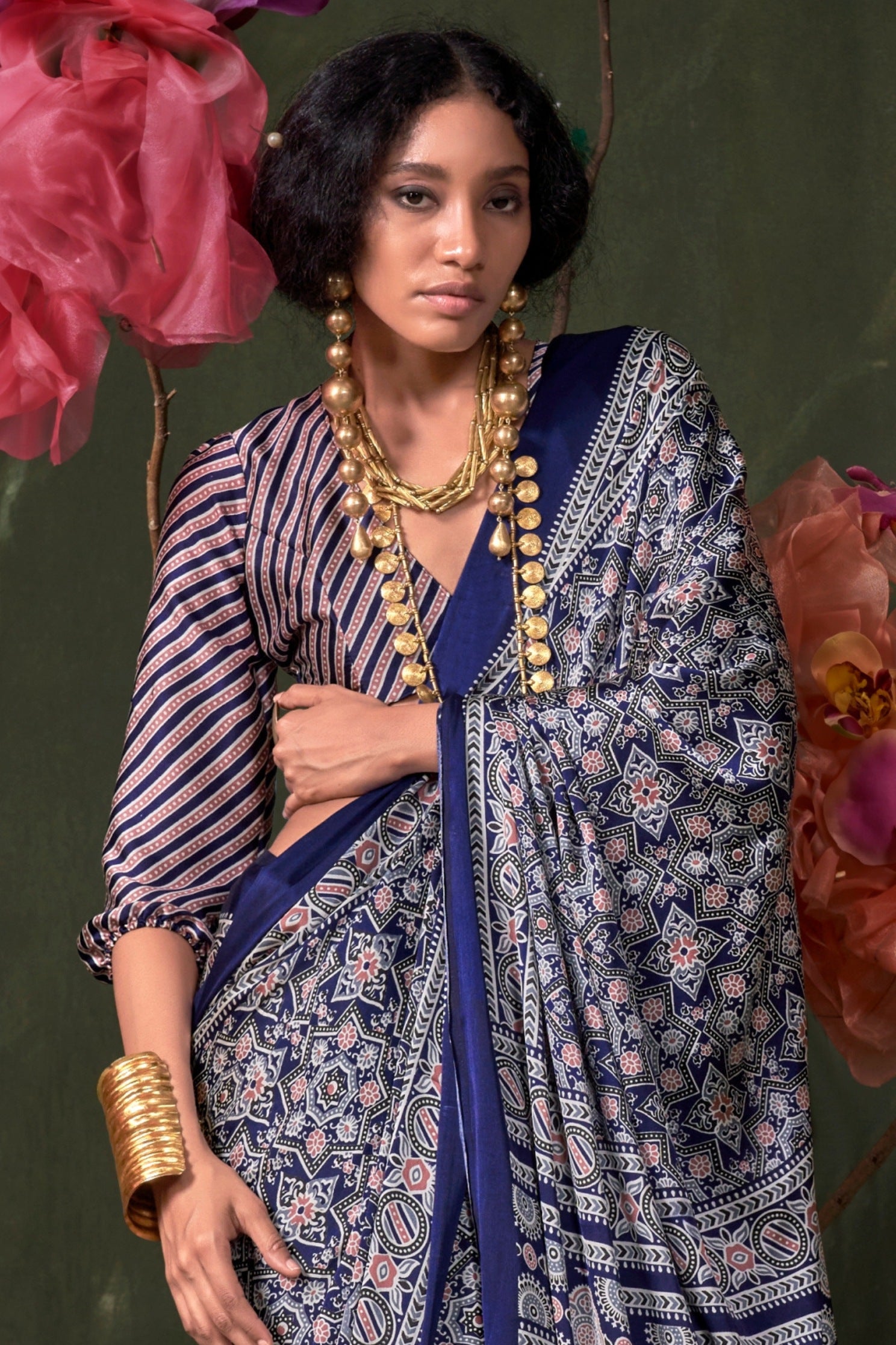 Buy MySilkLove Dodger Blue Ajrakh Printed Satin Crepe Silk Saree Online