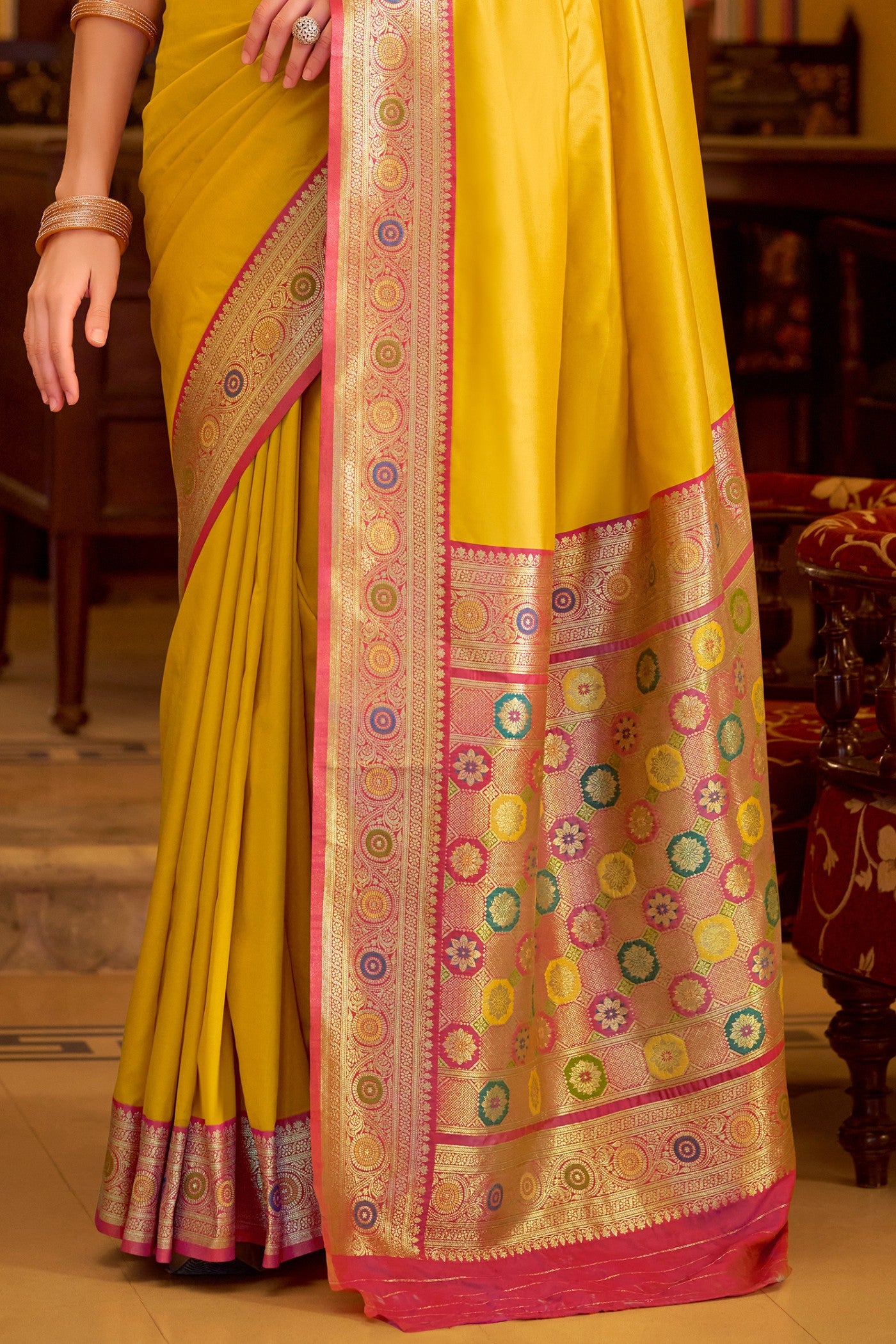 Buy MySilkLove Aureolin Yellow Woven Banarasi Soft Silk Saree Online