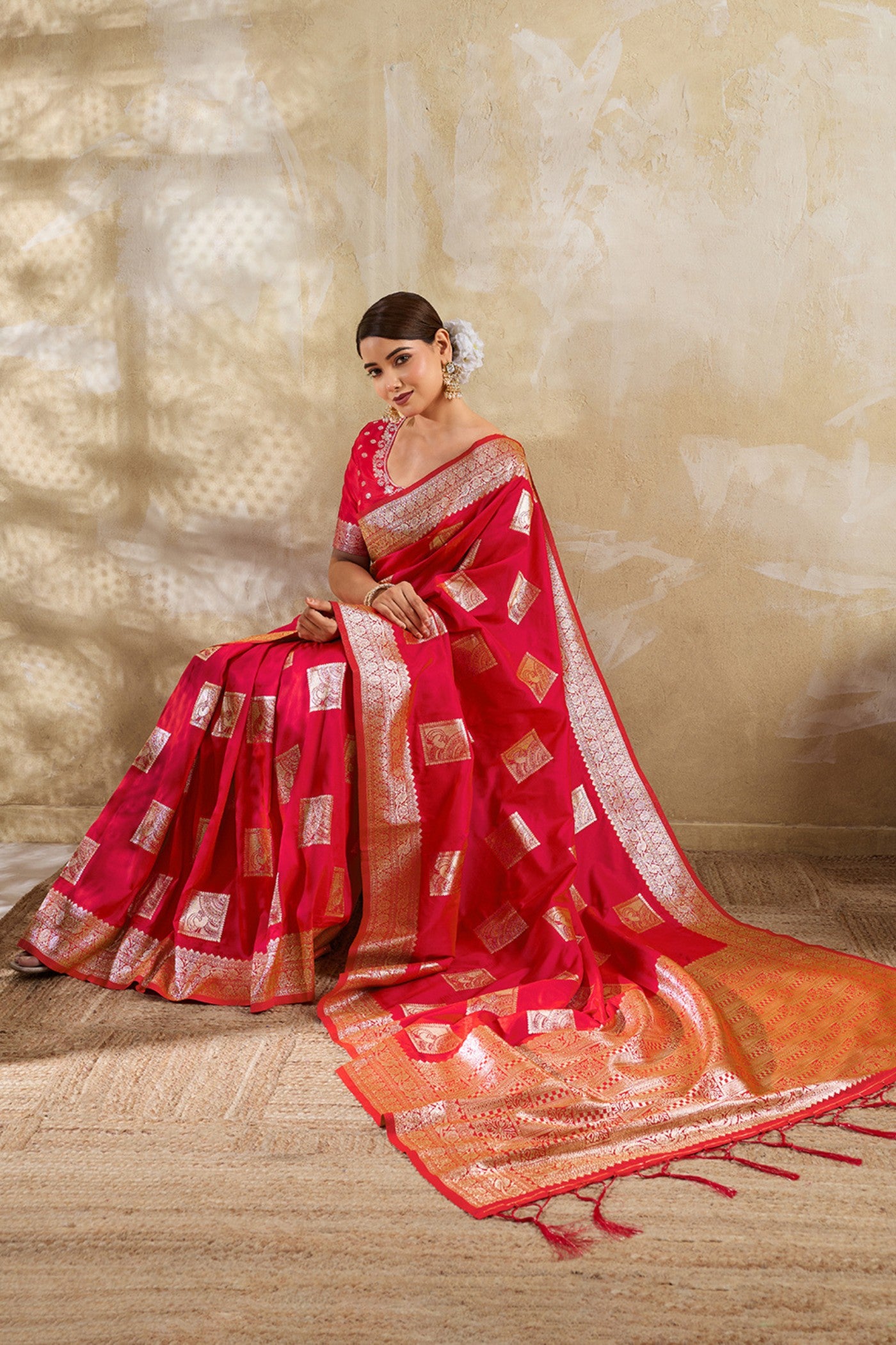 Buy MySilkLove Melon Red Woven Banarasi Soft Silk Saree Online