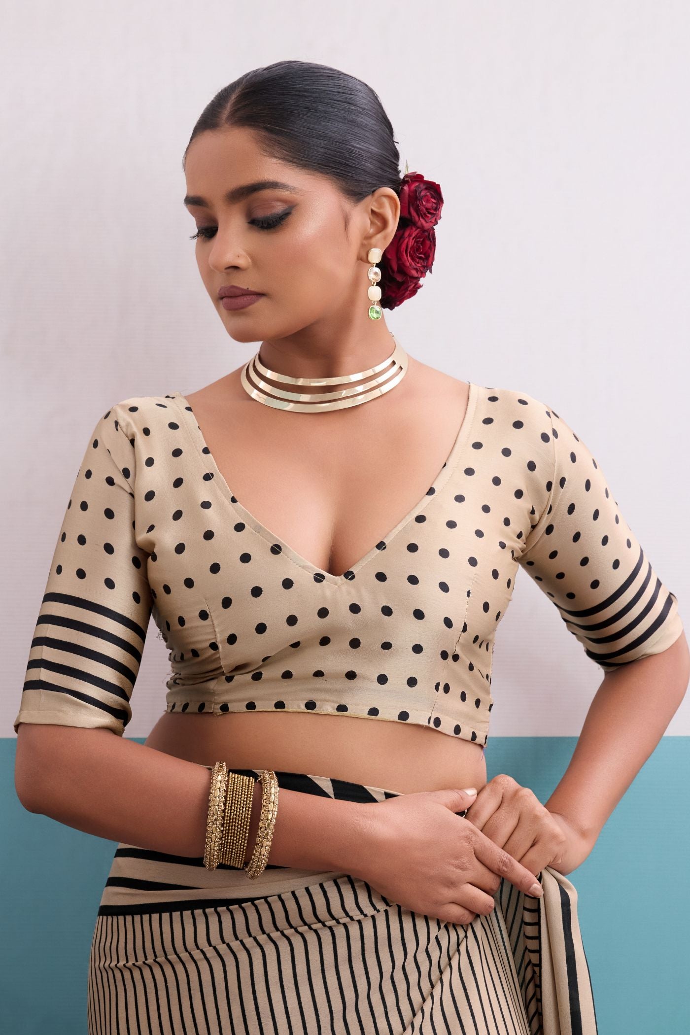 Buy MySilkLove Serenity Cream Stripe Ajrakh Printed Satin Crepe Silk Saree Online