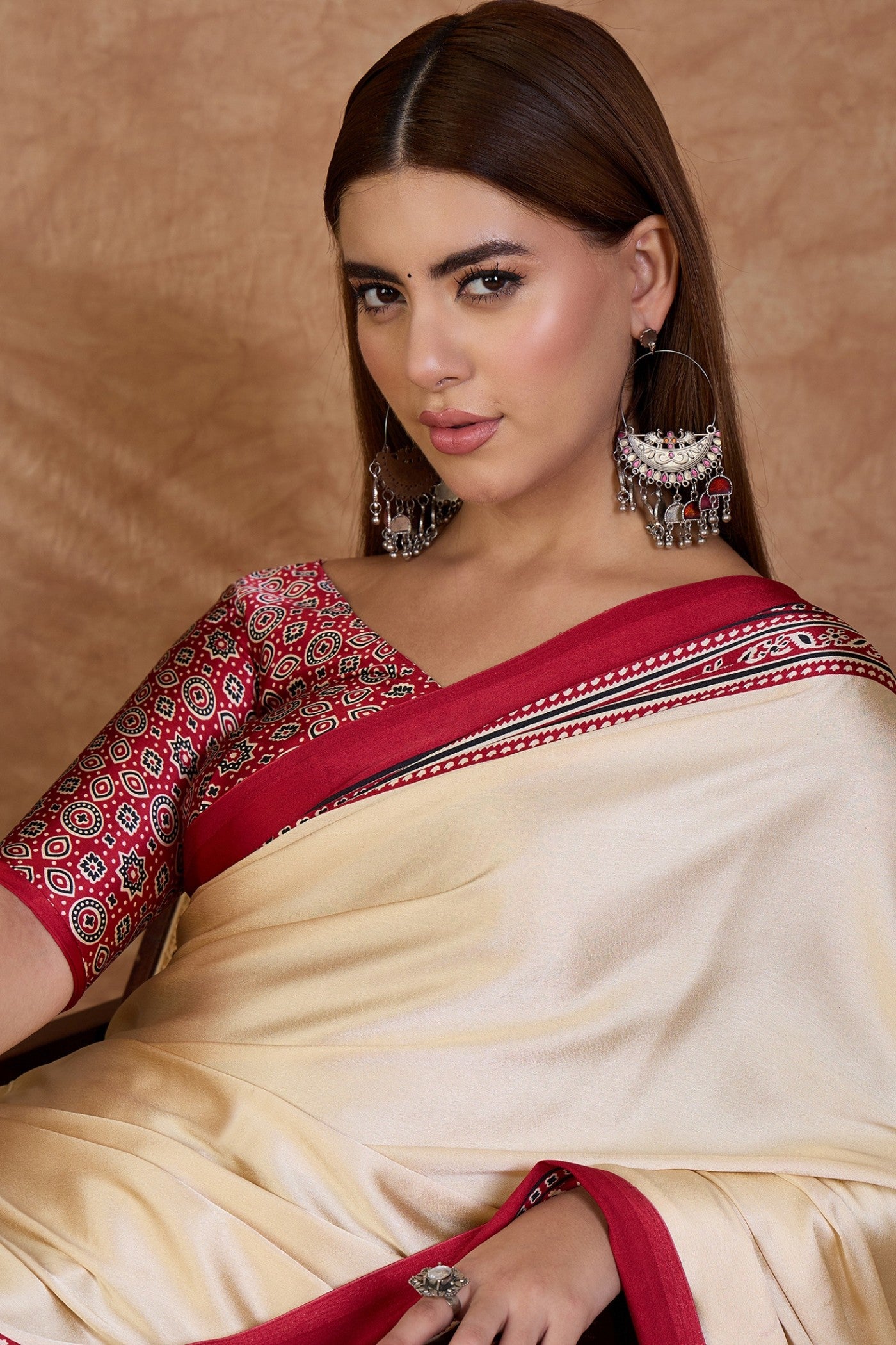 Buy MySilkLove Linen Cream and Red Ajrakh Printed Satin Crepe Silk Saree Online