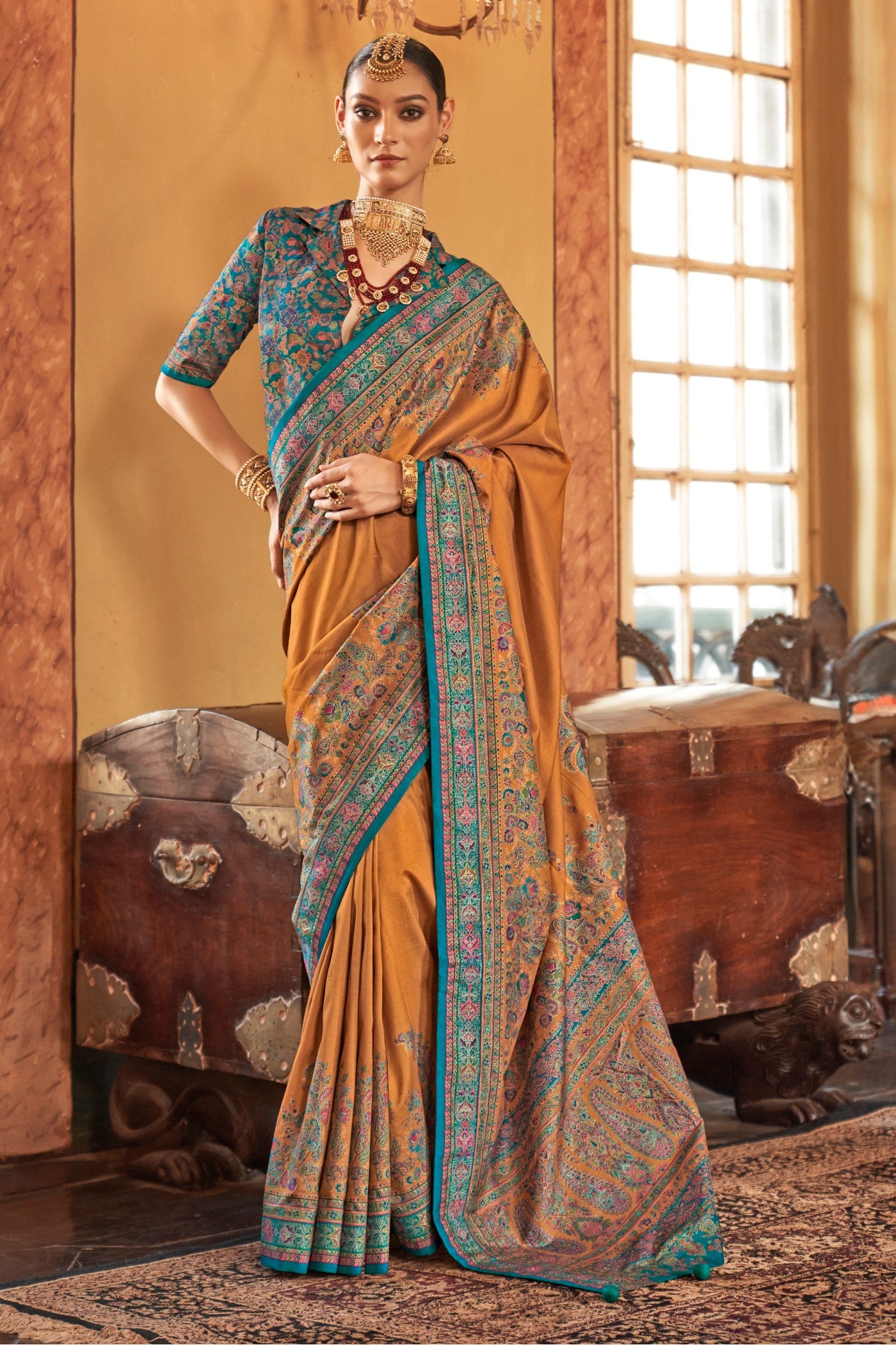 Buy MySilkLove Flaxen Yellow Printed Banarasi Saree Online