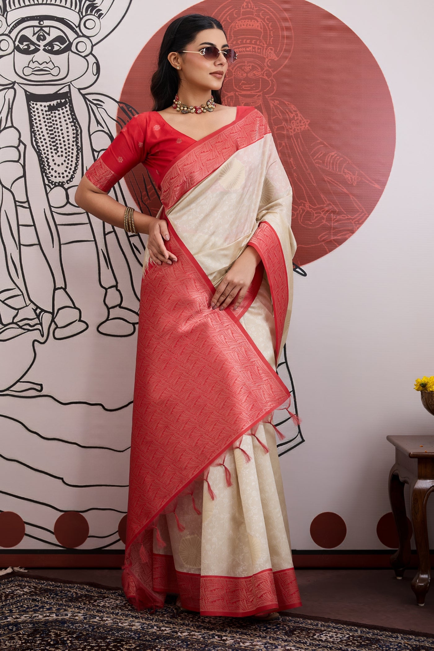 Buy MySilkLove Oat Cream and Red Handloom South Silk Saree Online