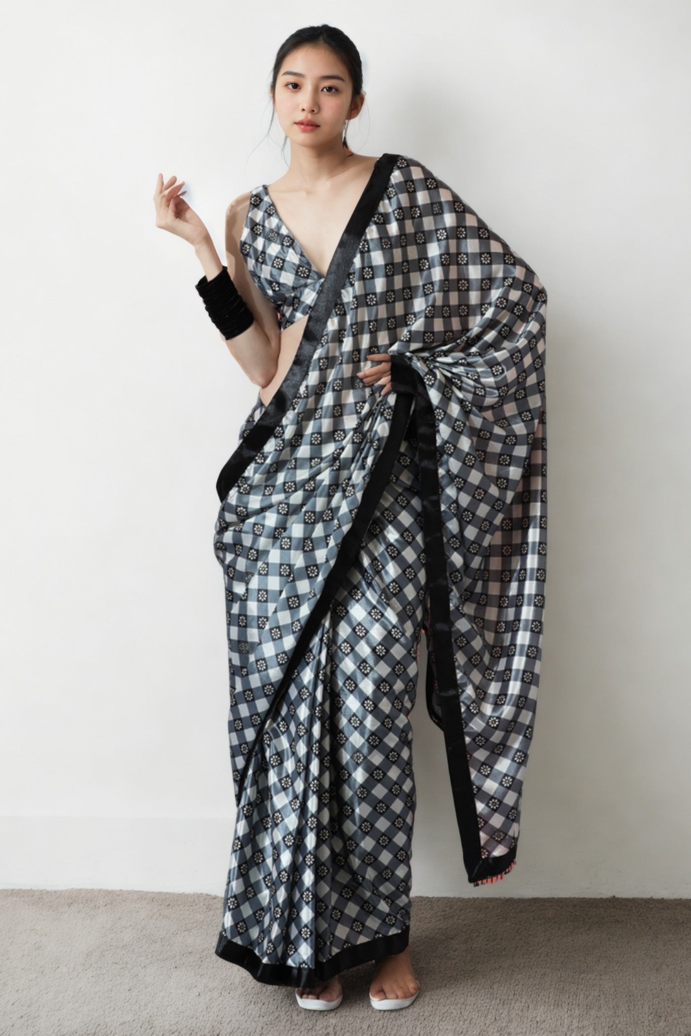 Buy MySilkLove Crow Black Chinon Digital Printed Ready To Wear Saree Online