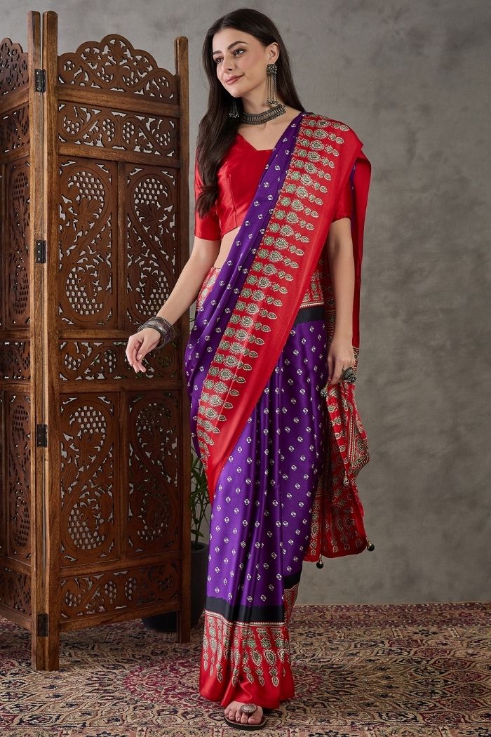 Buy MySilkLove Grape Purple and Red Ajrakh Printed Satin Gaji Silk Saree Online