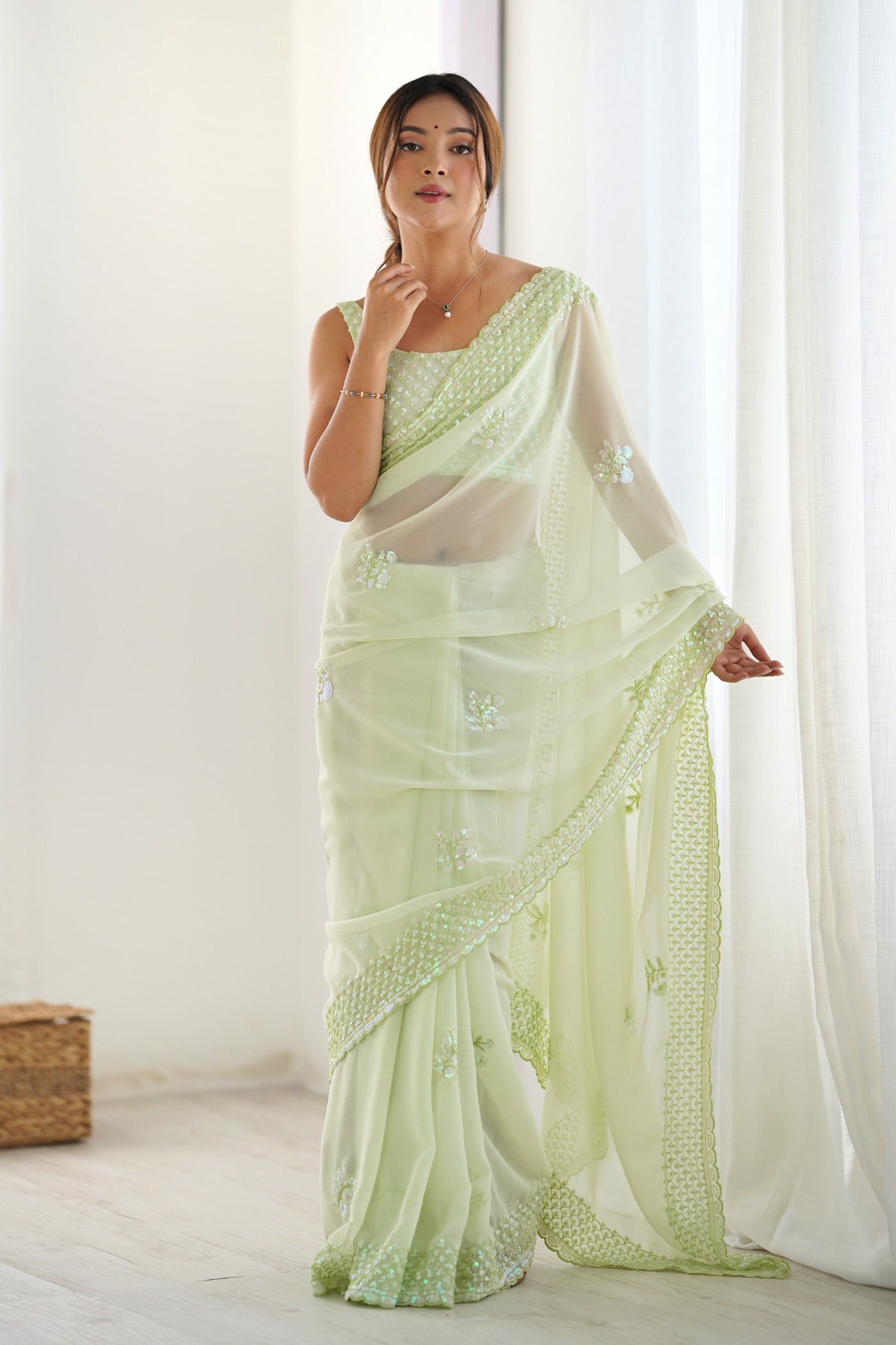 Buy MySilkLove Pista Green Georgette Partywear Saree Online