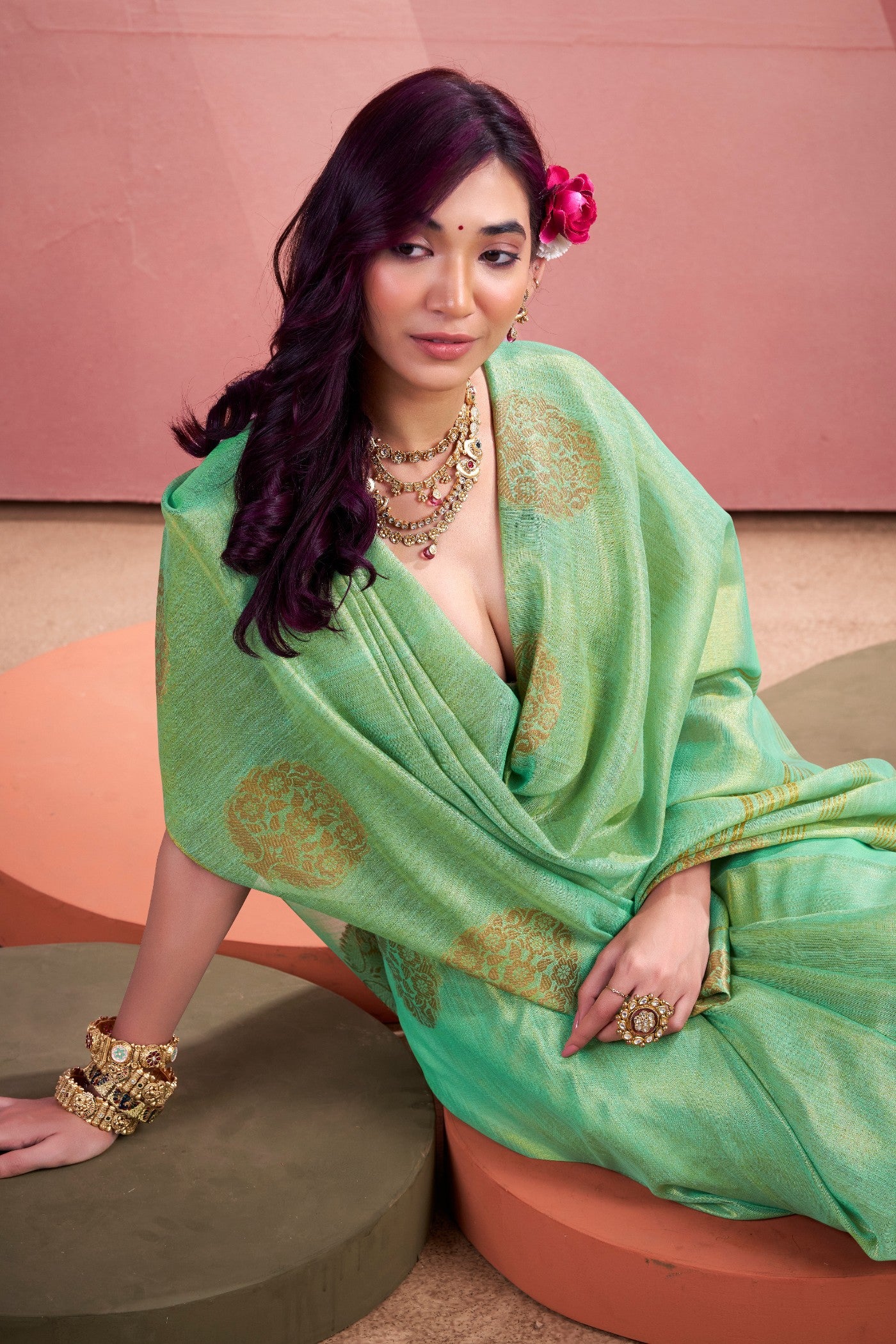 Buy MySilkLove Chalet Green Zari Woven Tissue Saree Online