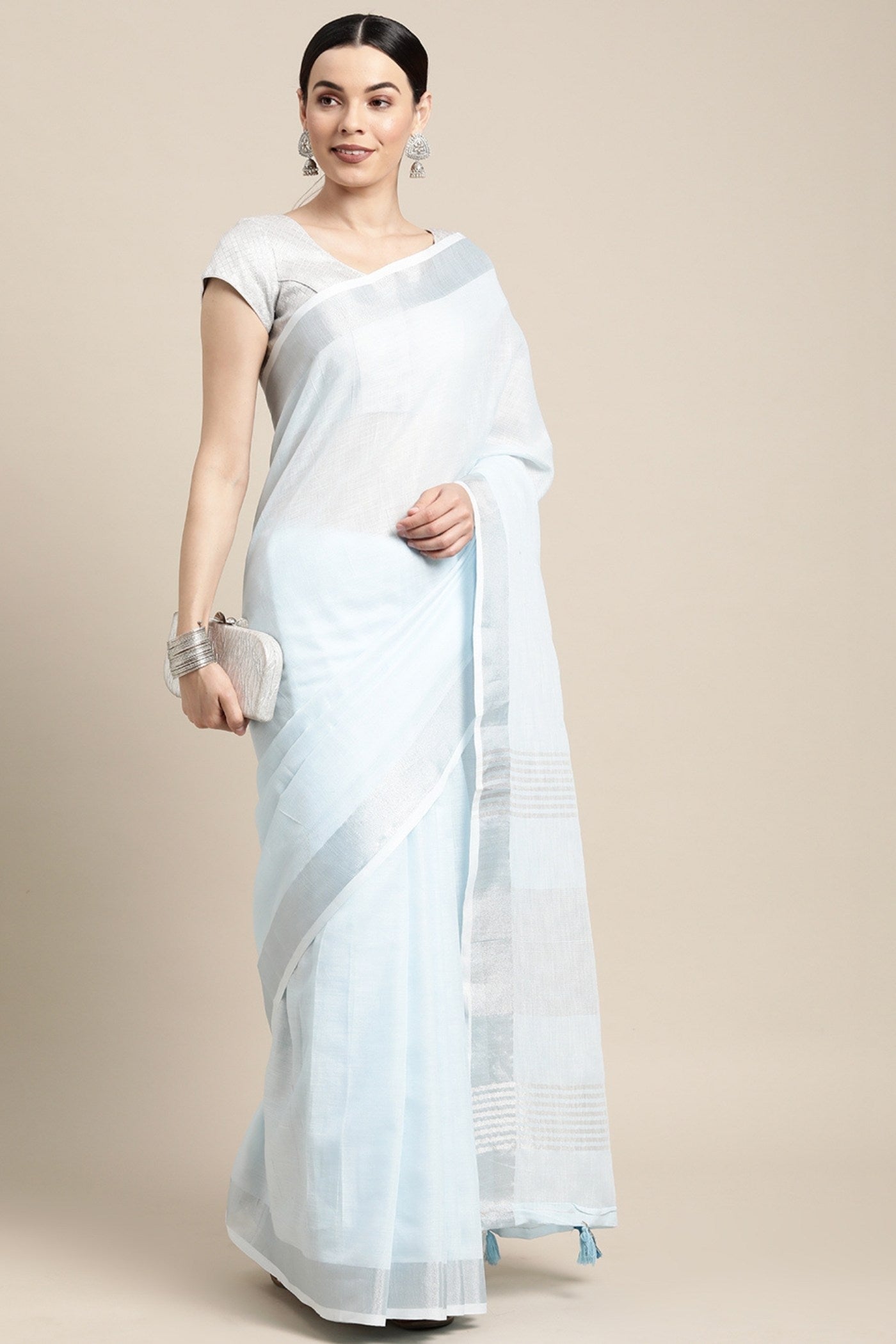 Buy MySilkLove Powder Blue Woven Linen Cotton Saree Online