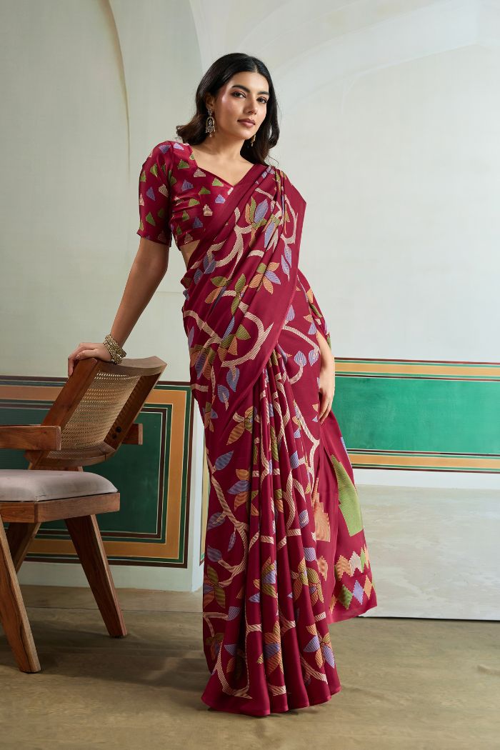 Buy MySilkLove Claret Maroon Modal Ajrakh Printed Satin Silk Saree Online