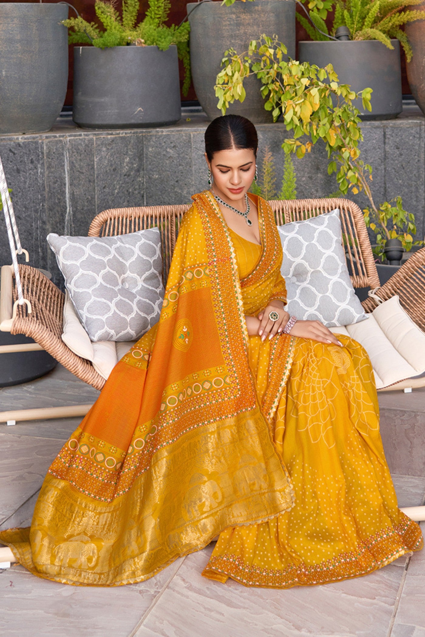 Buy MySilkLove Citrine Yellow Printed Cotton Saree Online