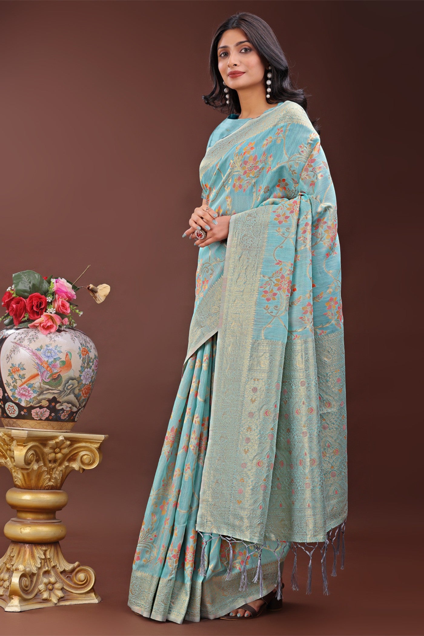 Buy MySilkLove Cadet Blue Linen Cotton Saree Online