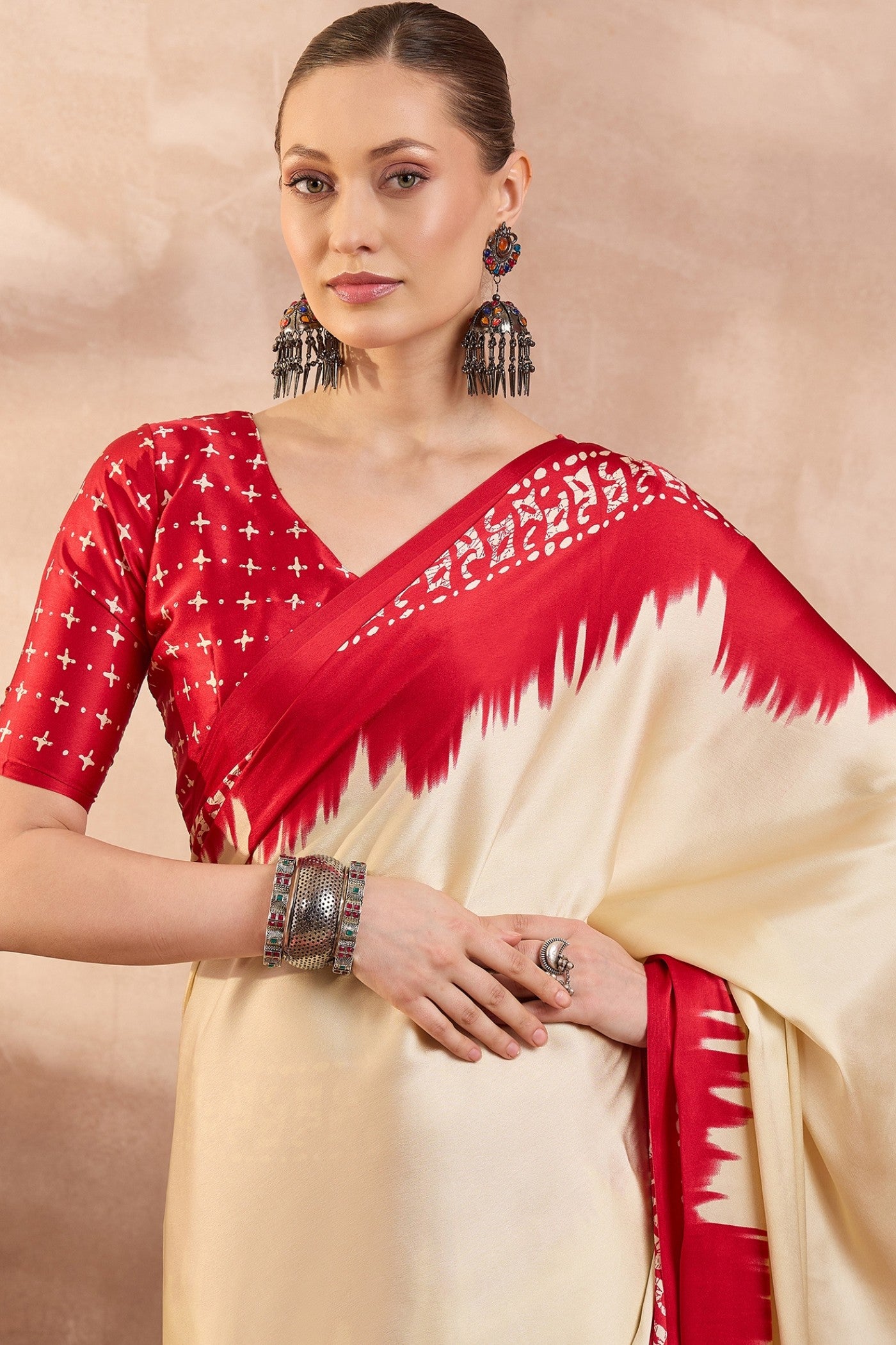 MySilkLove Seashell Cream Printed Satin Crepe Silk Saree