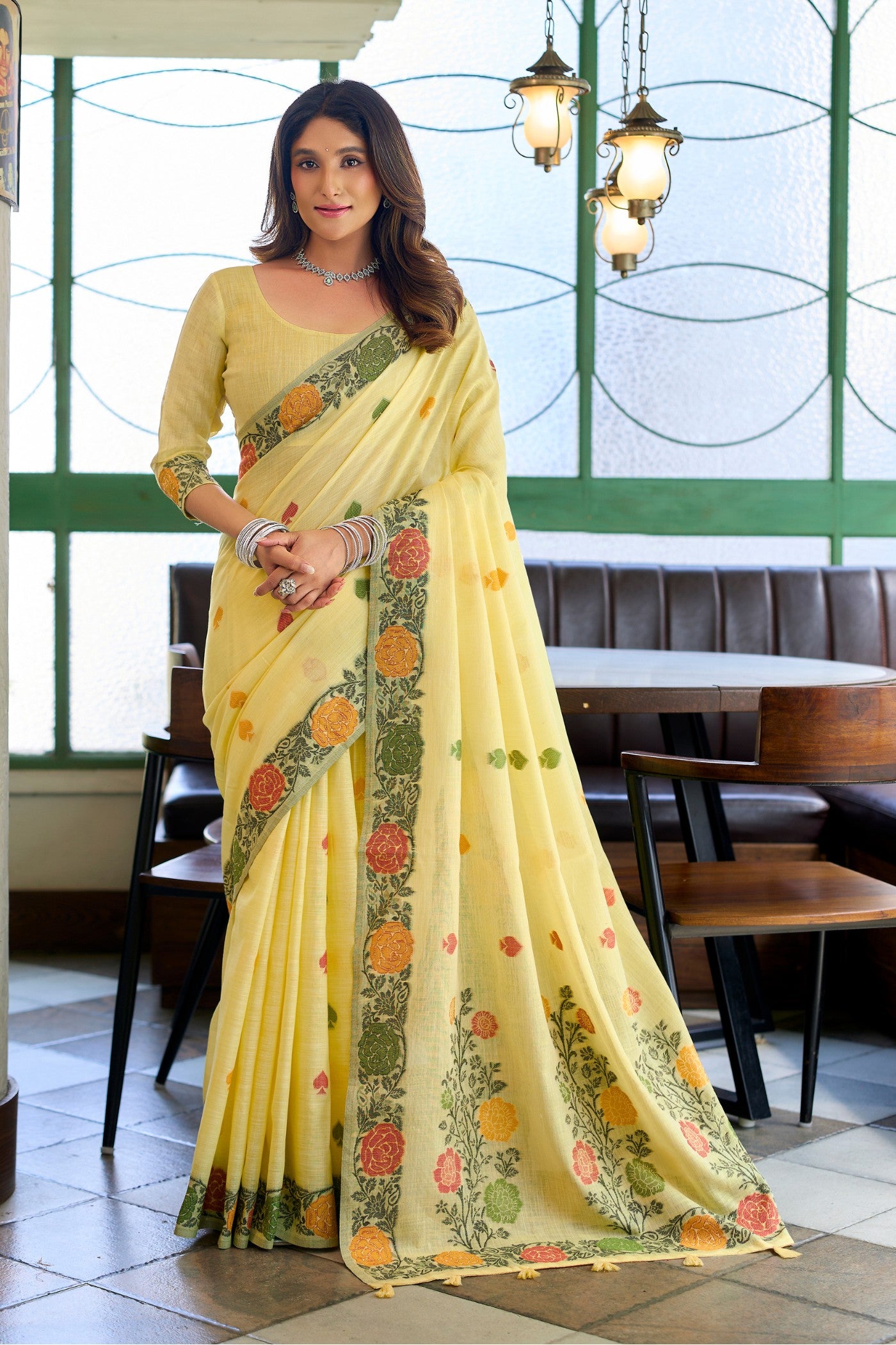 Buy MySilkLove Daffodil Yellow Floral Handloom Linen Saree Online