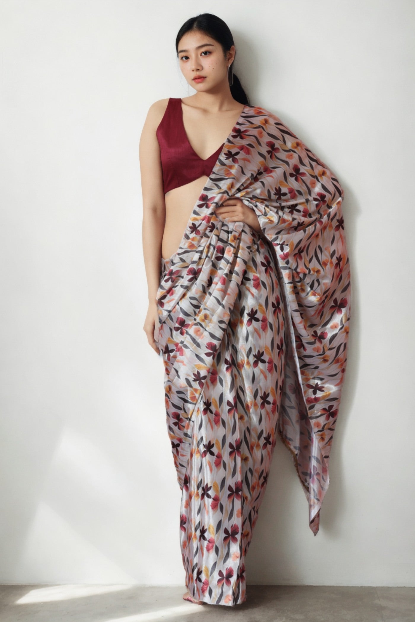Buy MySilkLove Dirt Grey Chinon Printed Ready To Wear Saree Online