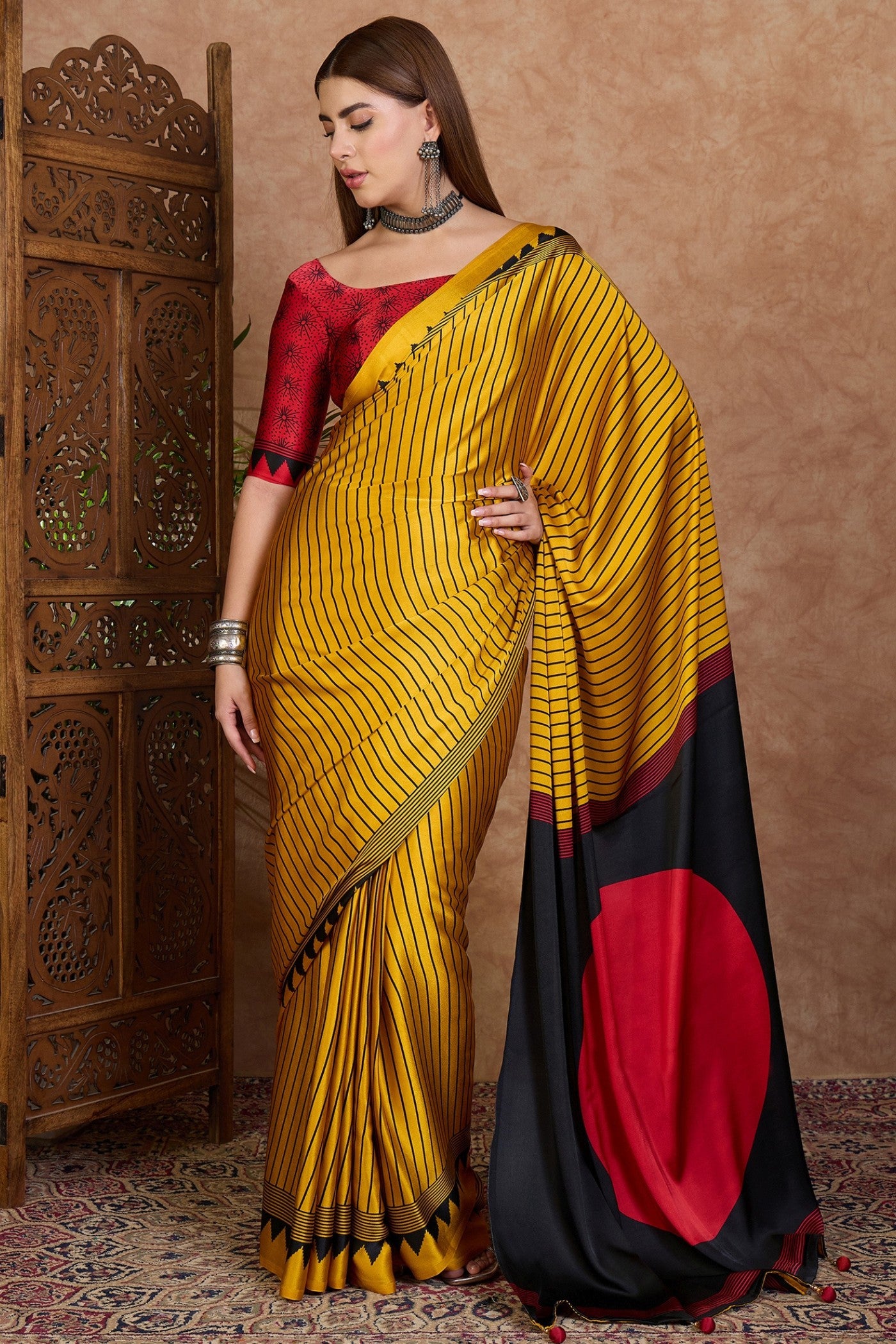 Buy MySilkLove Husk Yellow and Black Stripe Ajrakh Printed Satin Crepe Silk Saree Online